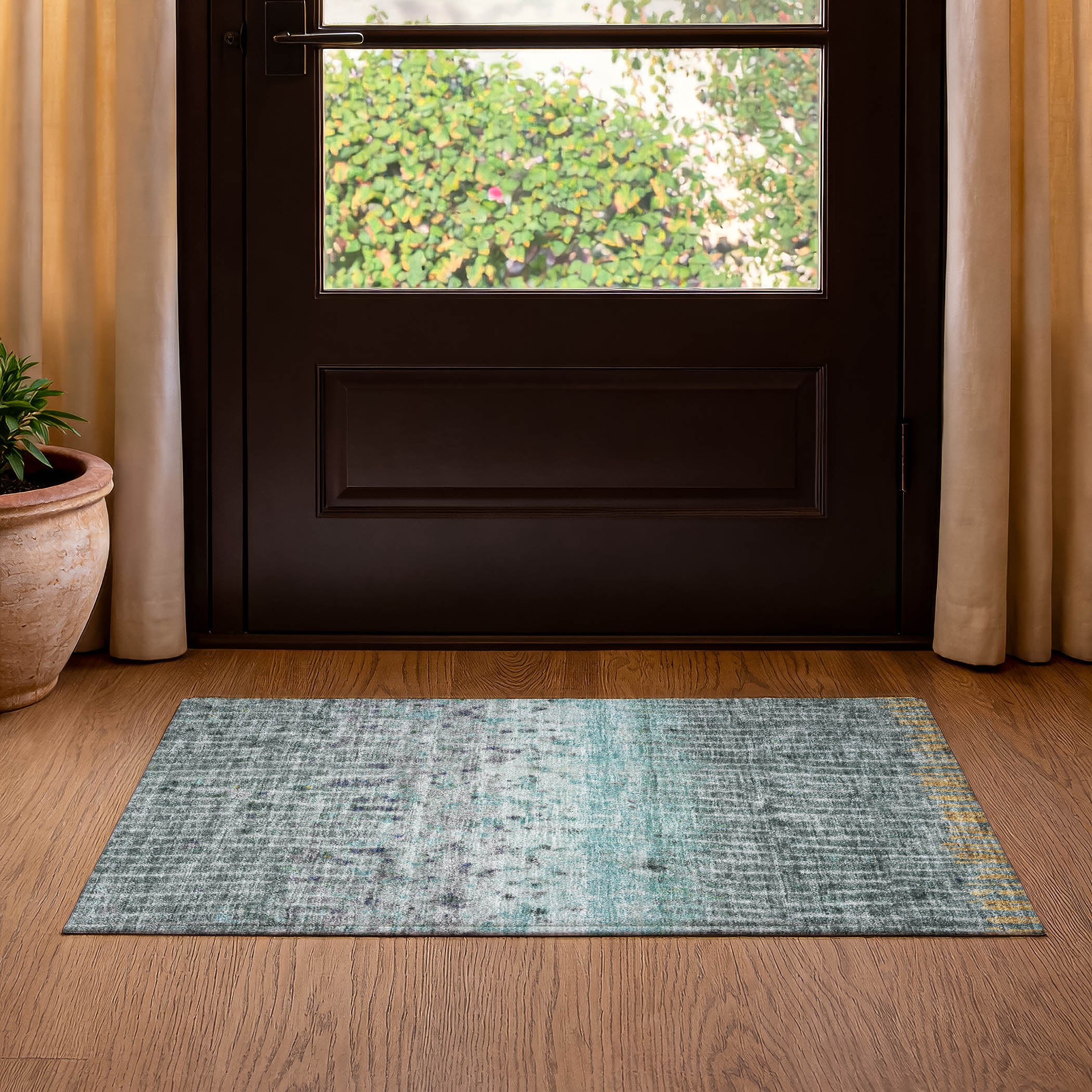 Antigua Machine Washable Transitional Teal Rug 1'8" x 2'6" #shape_Rectangle