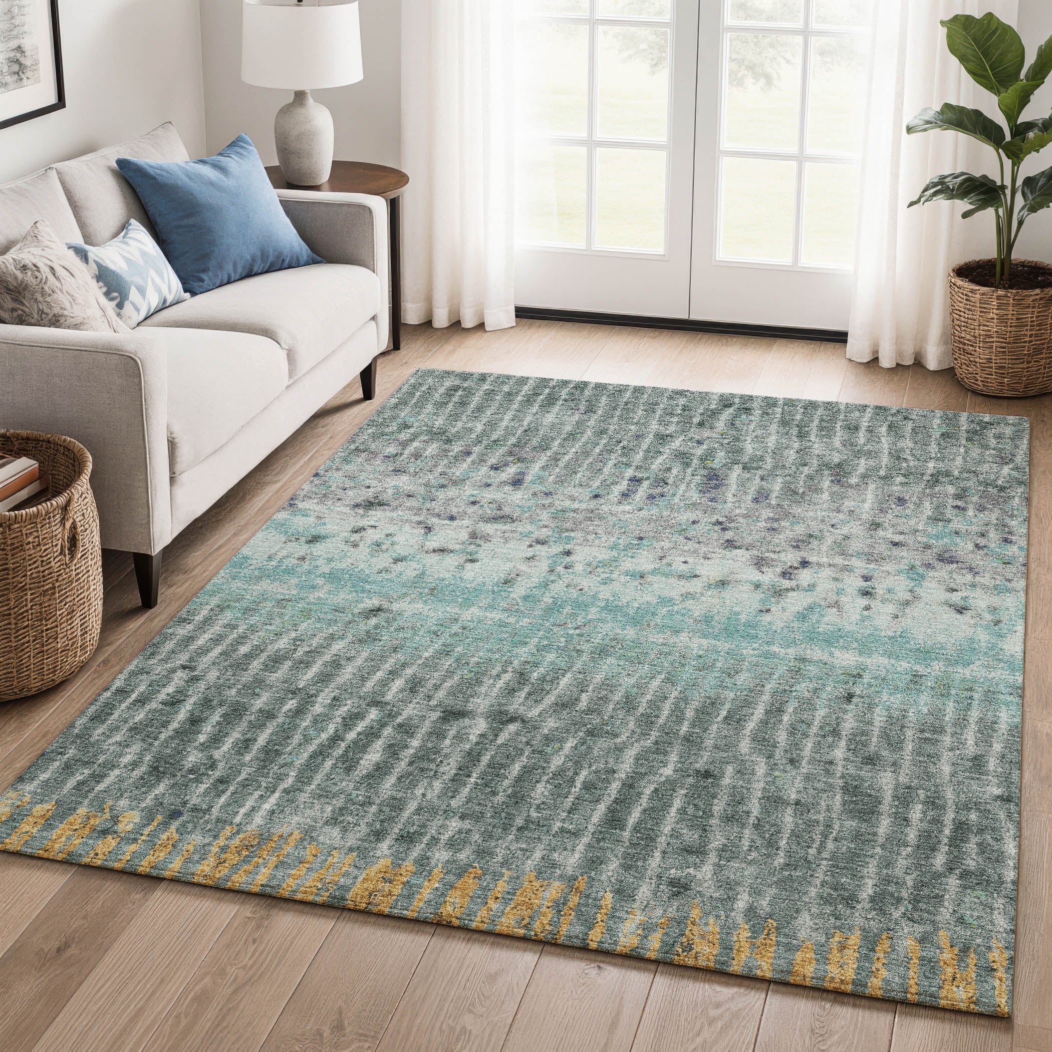 Antigua Machine Washable Transitional Teal Rug 3' x 5' #shape_Rectangle