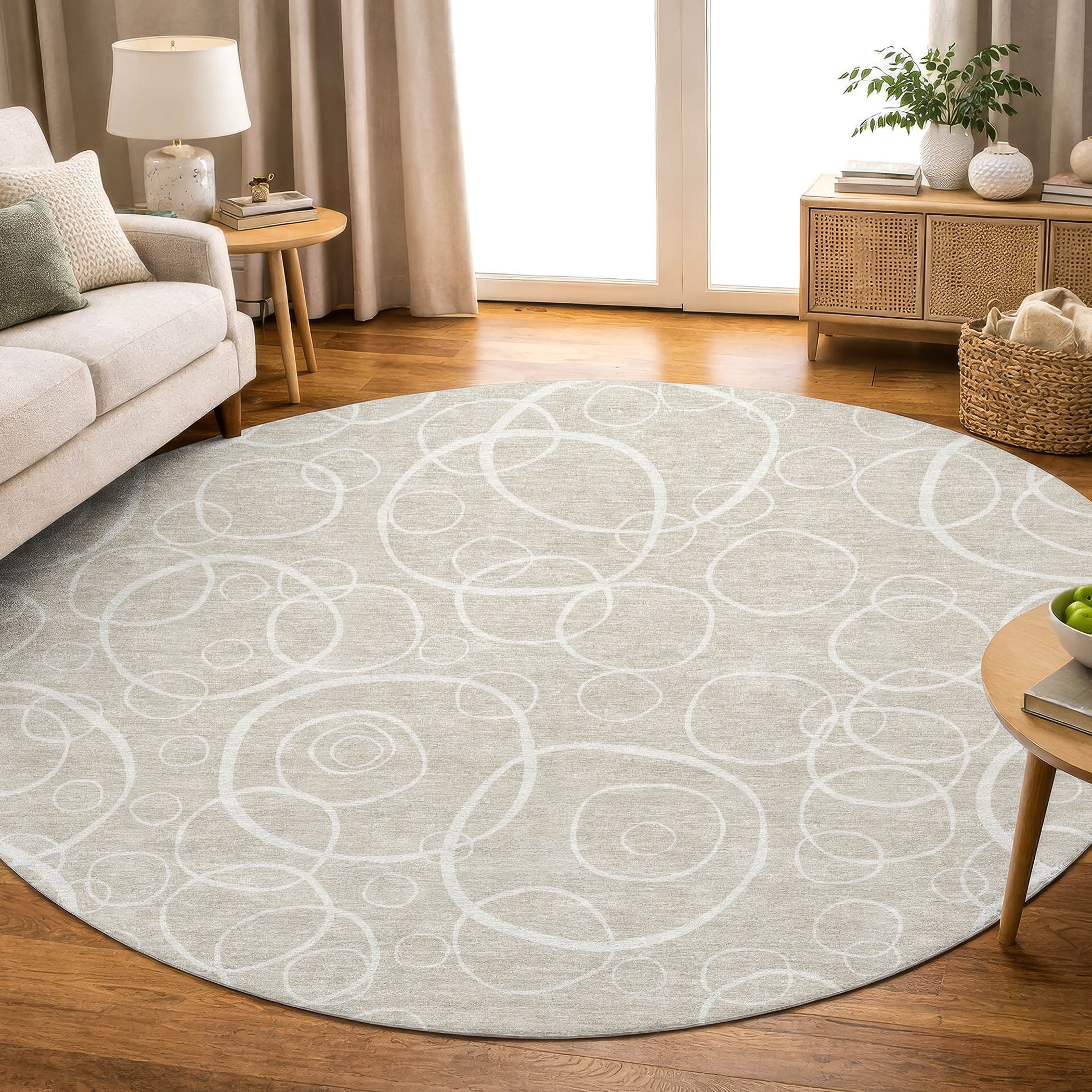 Cusco Machine Washable Transitional Beige Brown Rug 8' x 8' #shape_Round