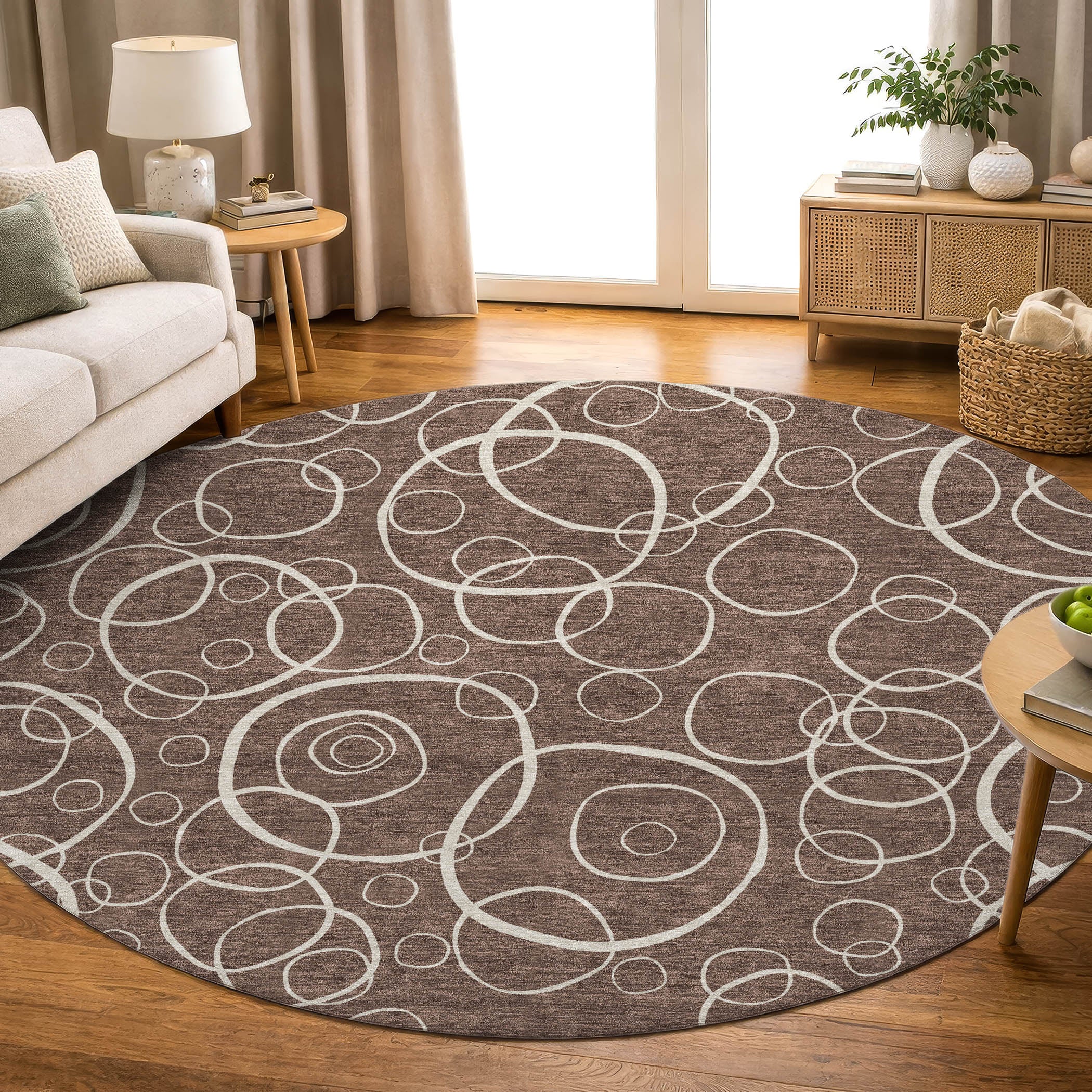 Cusco Machine Washable Transitional Brown Rug 8' x 8' #shape_Round