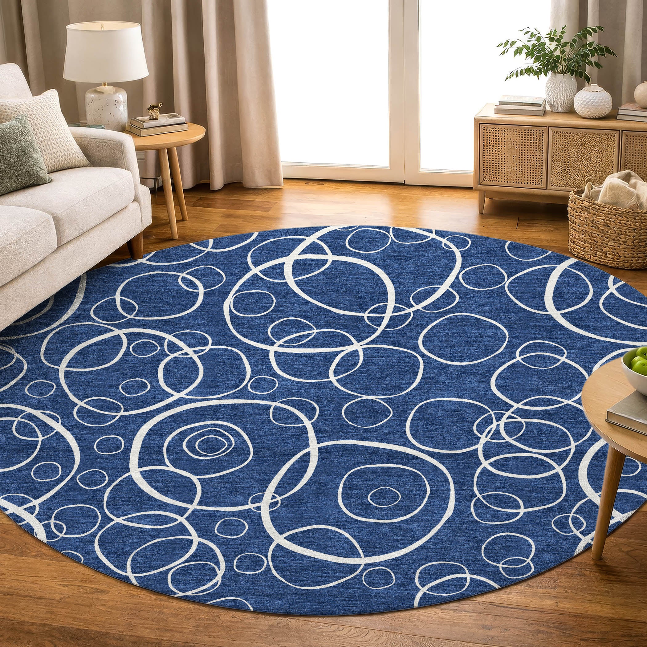Cusco Machine Washable Transitional Navy Blue Rug 8' x 8' #shape_Round