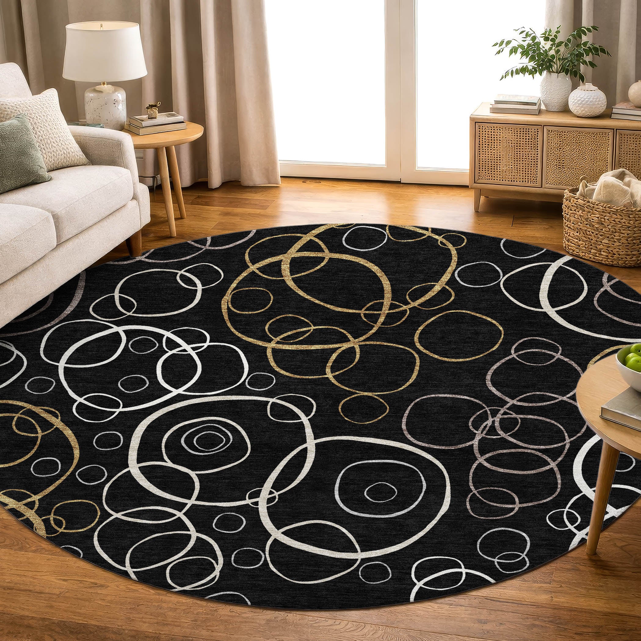 Porto Machine Washable Transitional Black Rug 8' x 8' #shape_Round