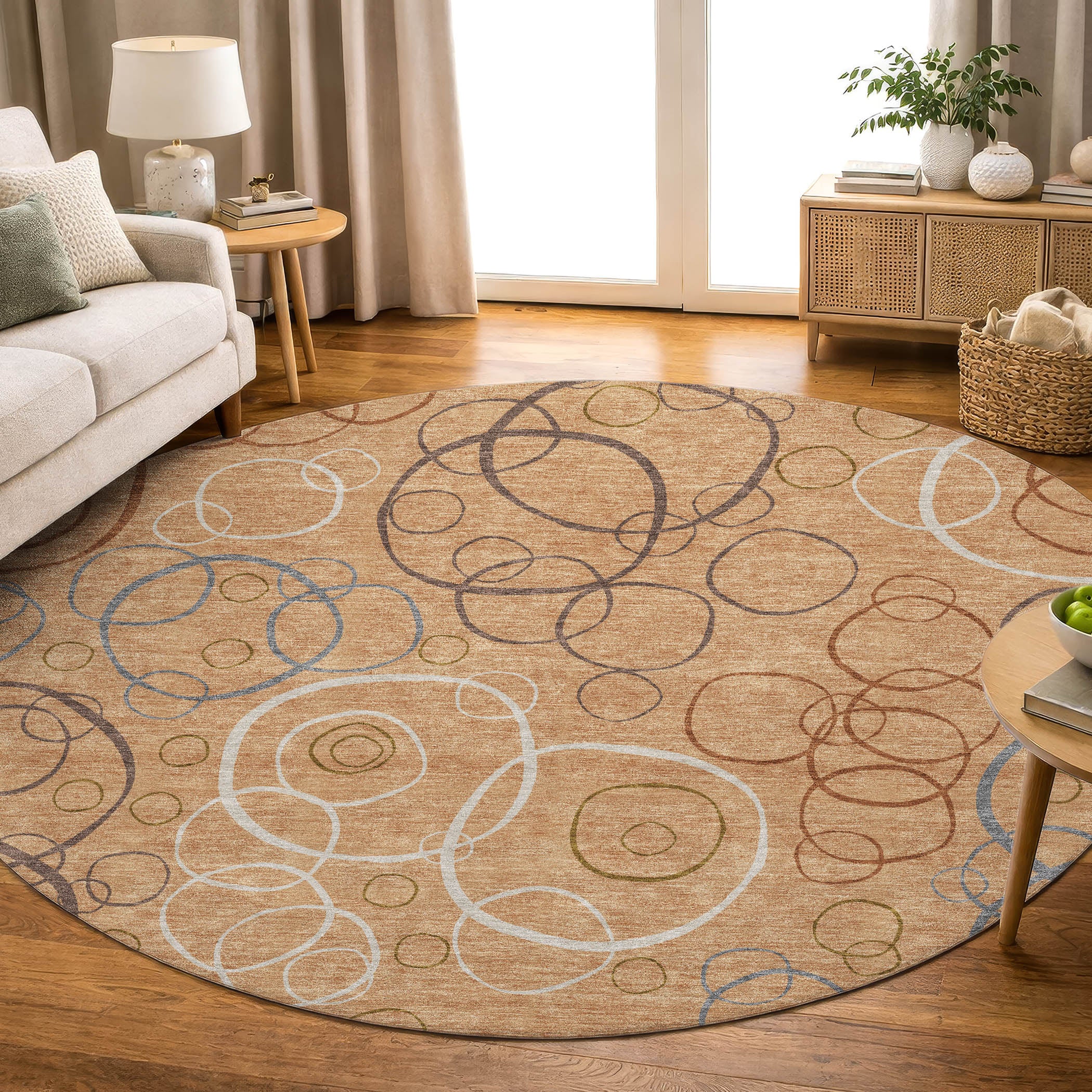 Porto Machine Washable Transitional Copper Orange Rug 8' x 8' #shape_Round