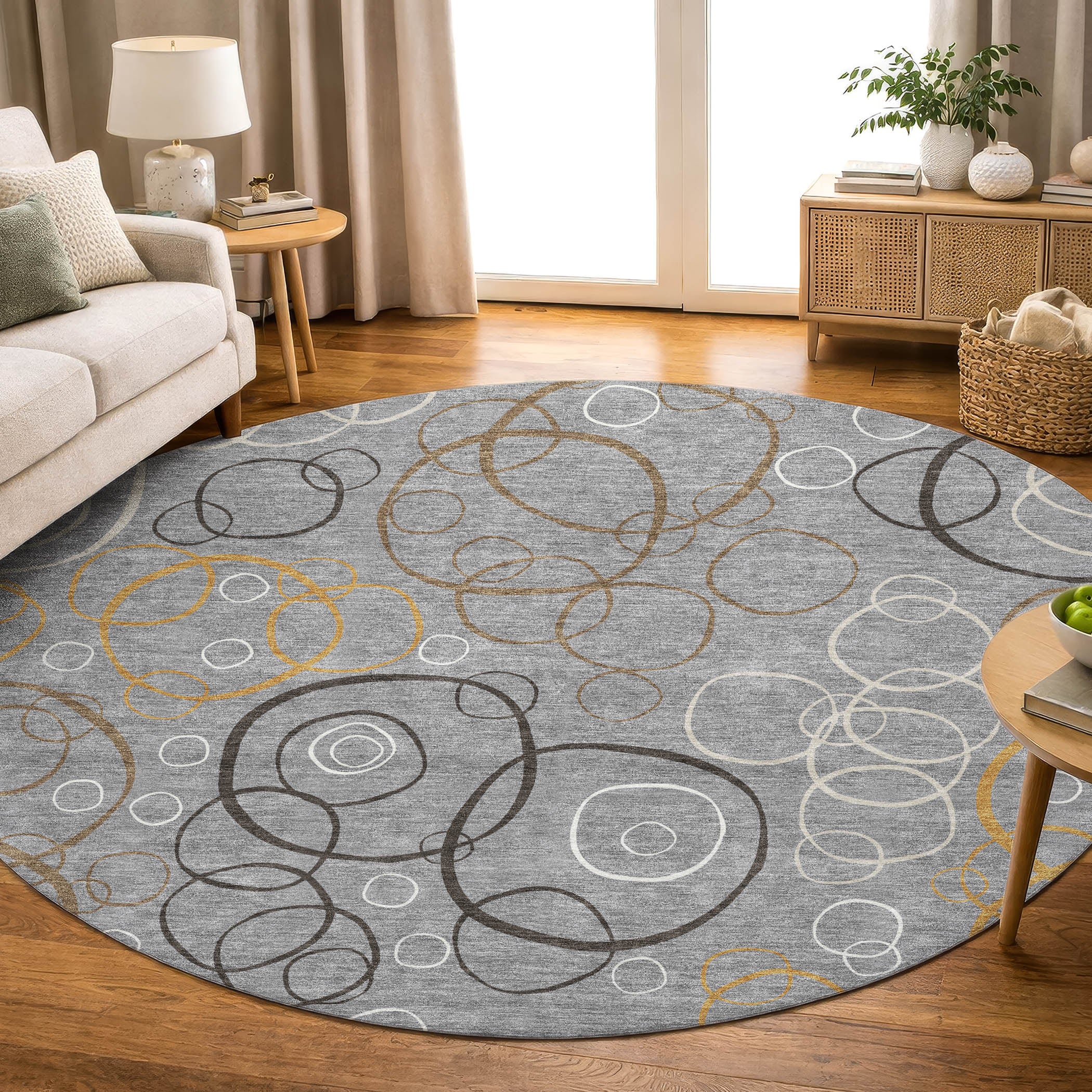 Porto Machine Washable Transitional Gray Rug 8' x 8' #shape_Round