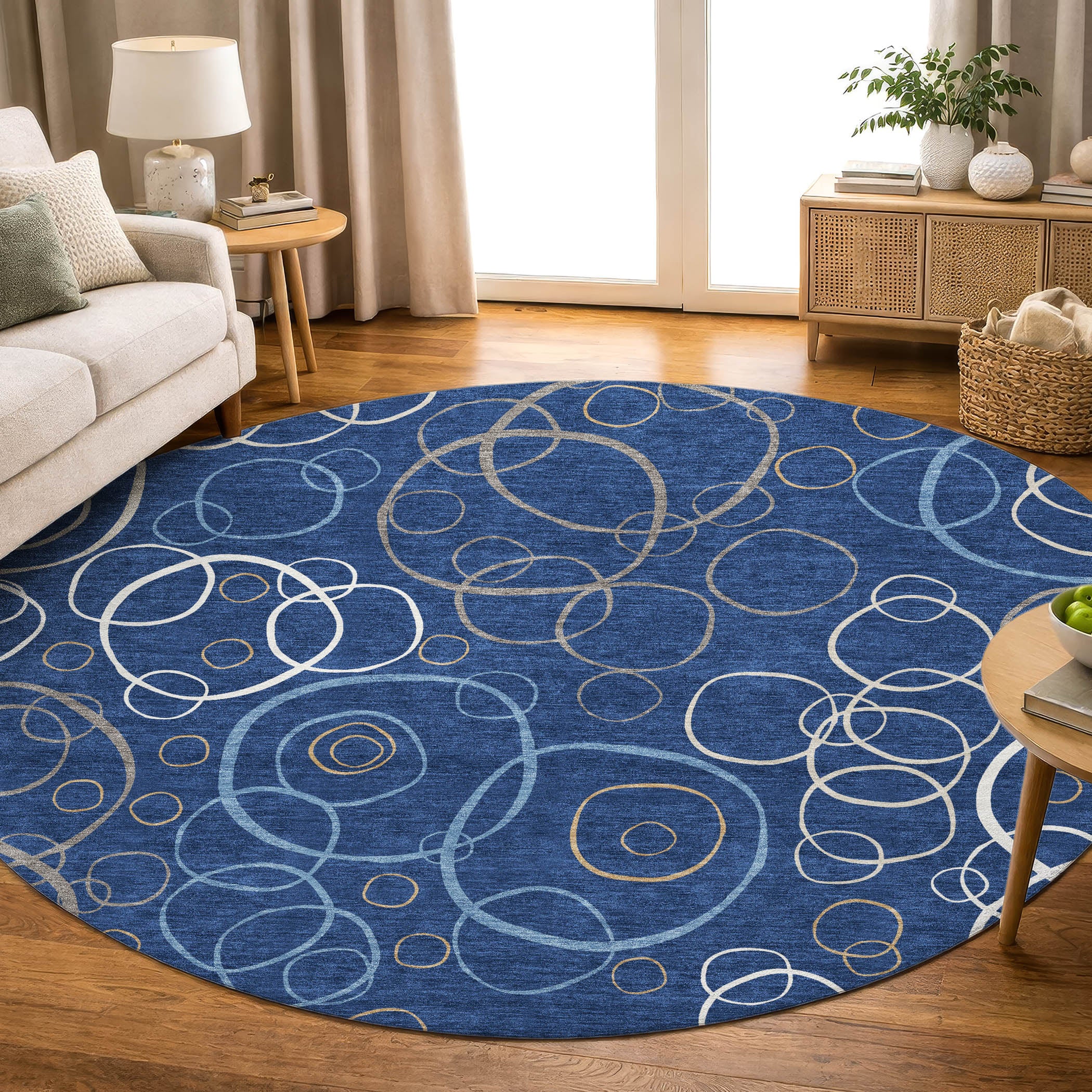 Porto Machine Washable Transitional Navy Blue Rug 8' x 8' #shape_Round