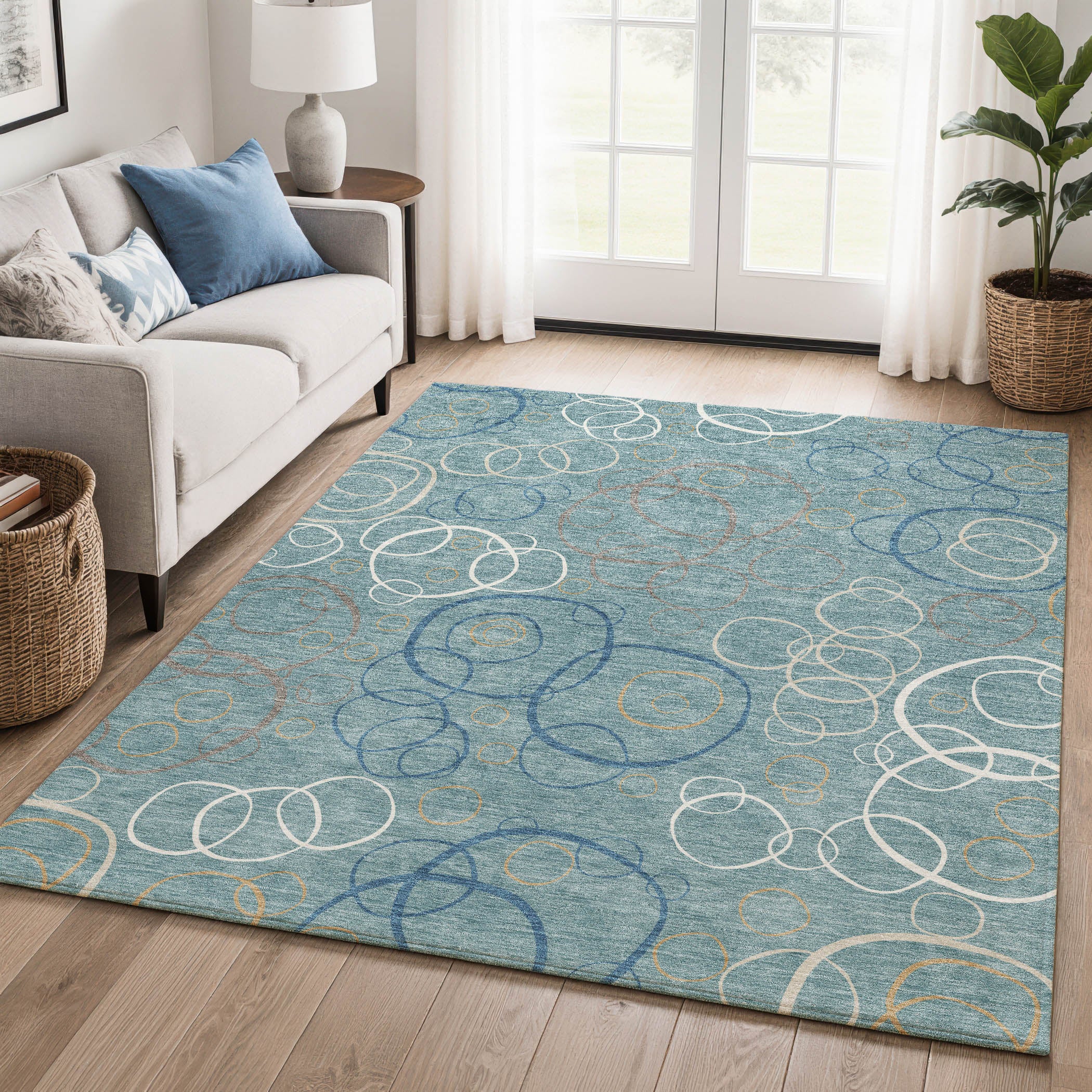 Porto Machine Washable Transitional Teal Rug 3' x 5' #shape_Rectangle
