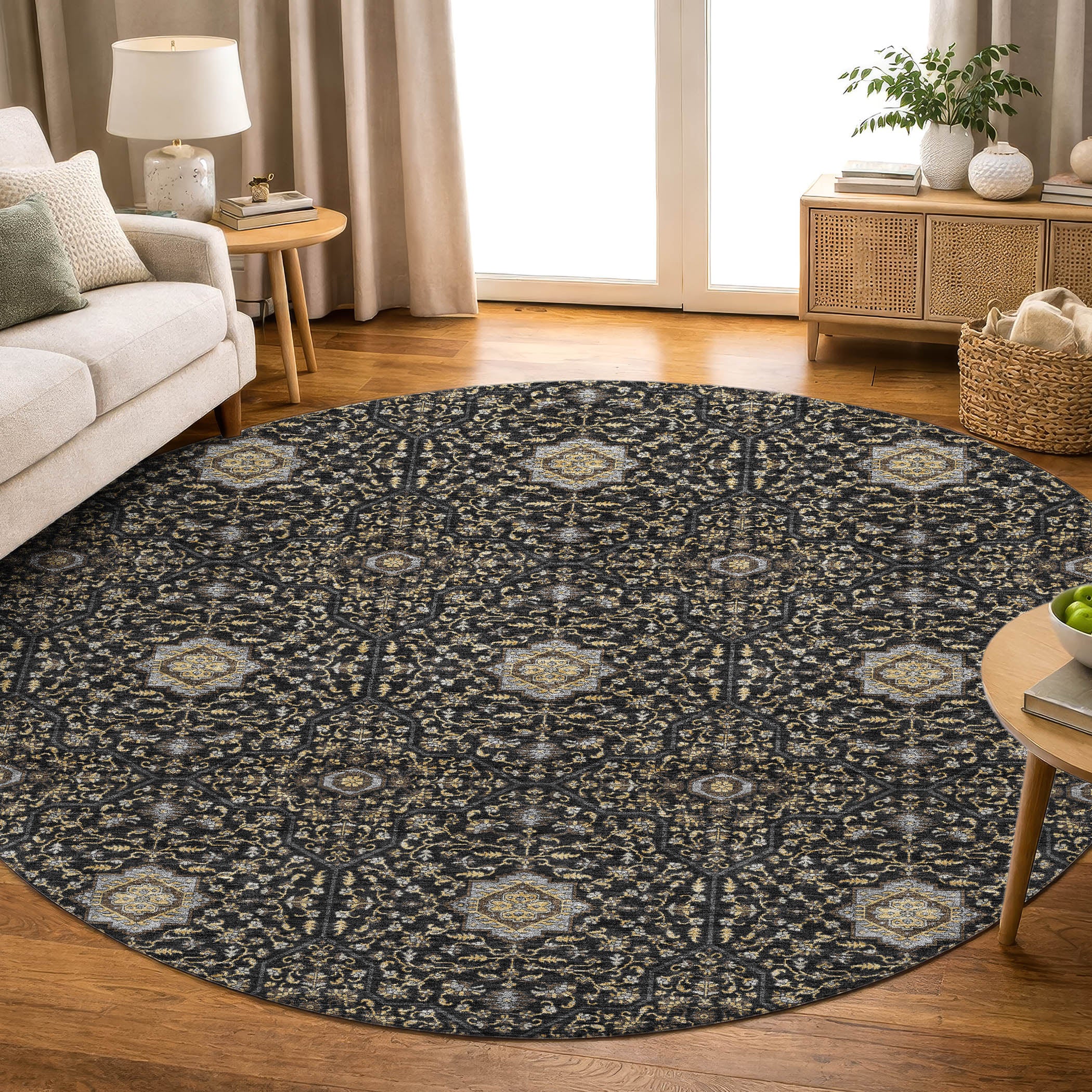 Kotor Machine Washable Transitional Black Rug 8' x 8' #shape_Round