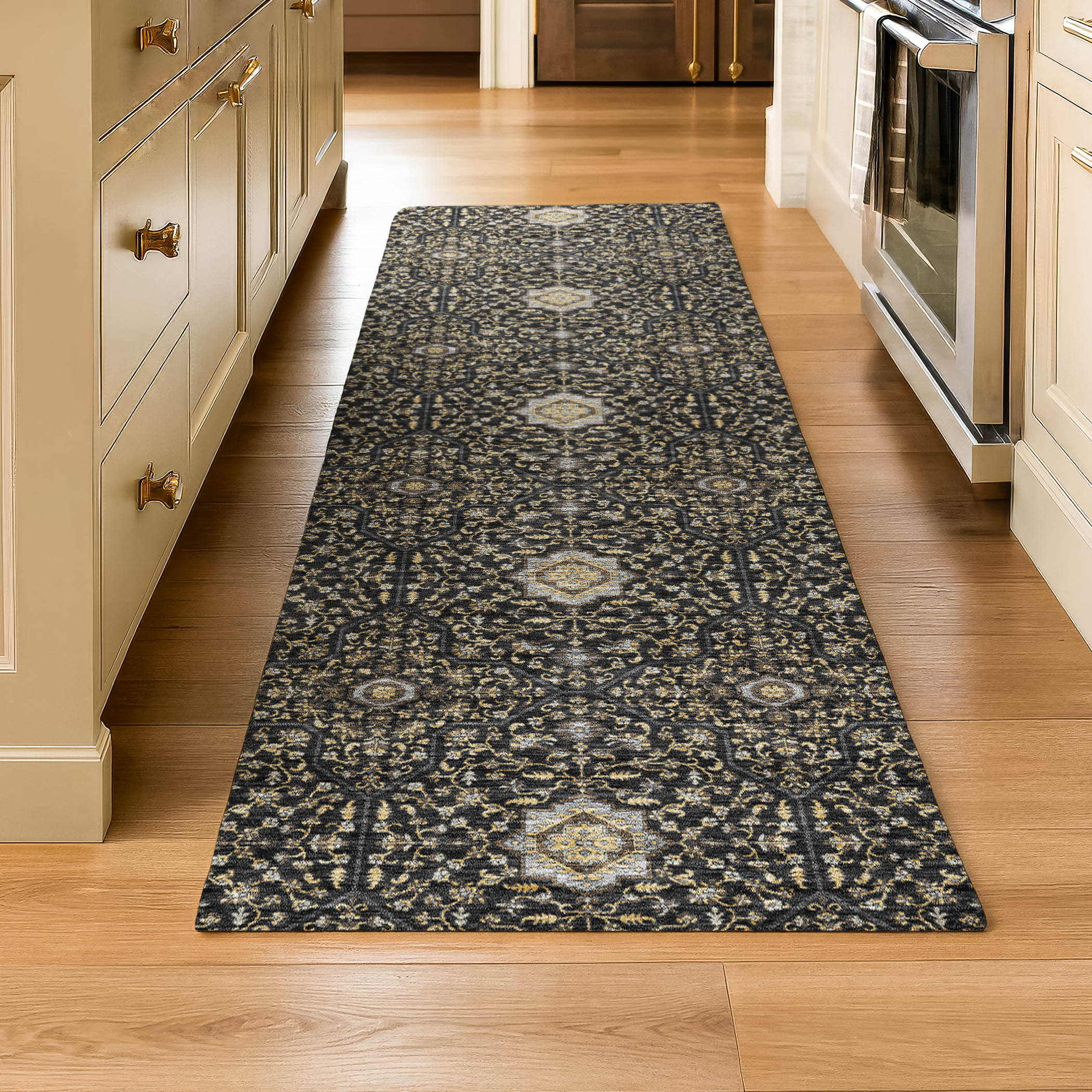 Kotor Machine Washable Transitional Black Rug 2'3" x 7'6" #shape_Runner