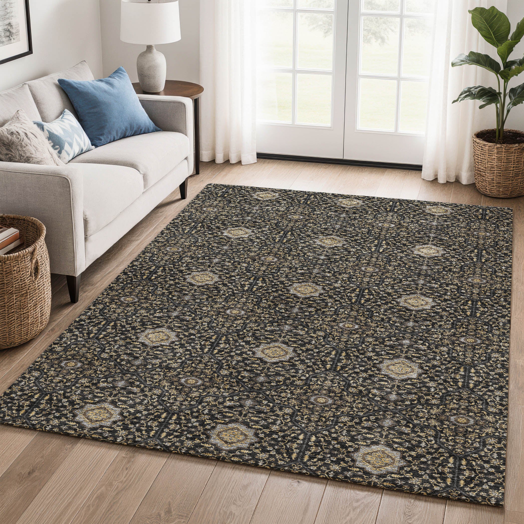 Kotor Machine Washable Transitional Black Rug 3' x 5' #shape_Rectangle