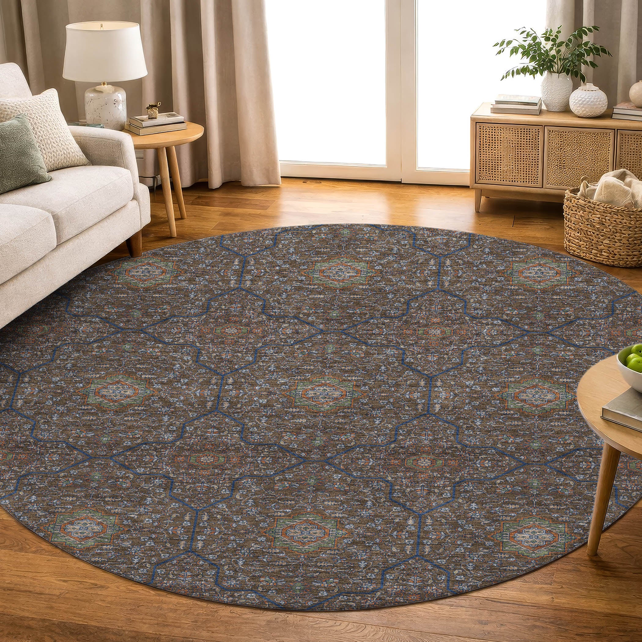 Kotor Machine Washable Transitional Chocolate Brown Rug 8' x 8' #shape_Round
