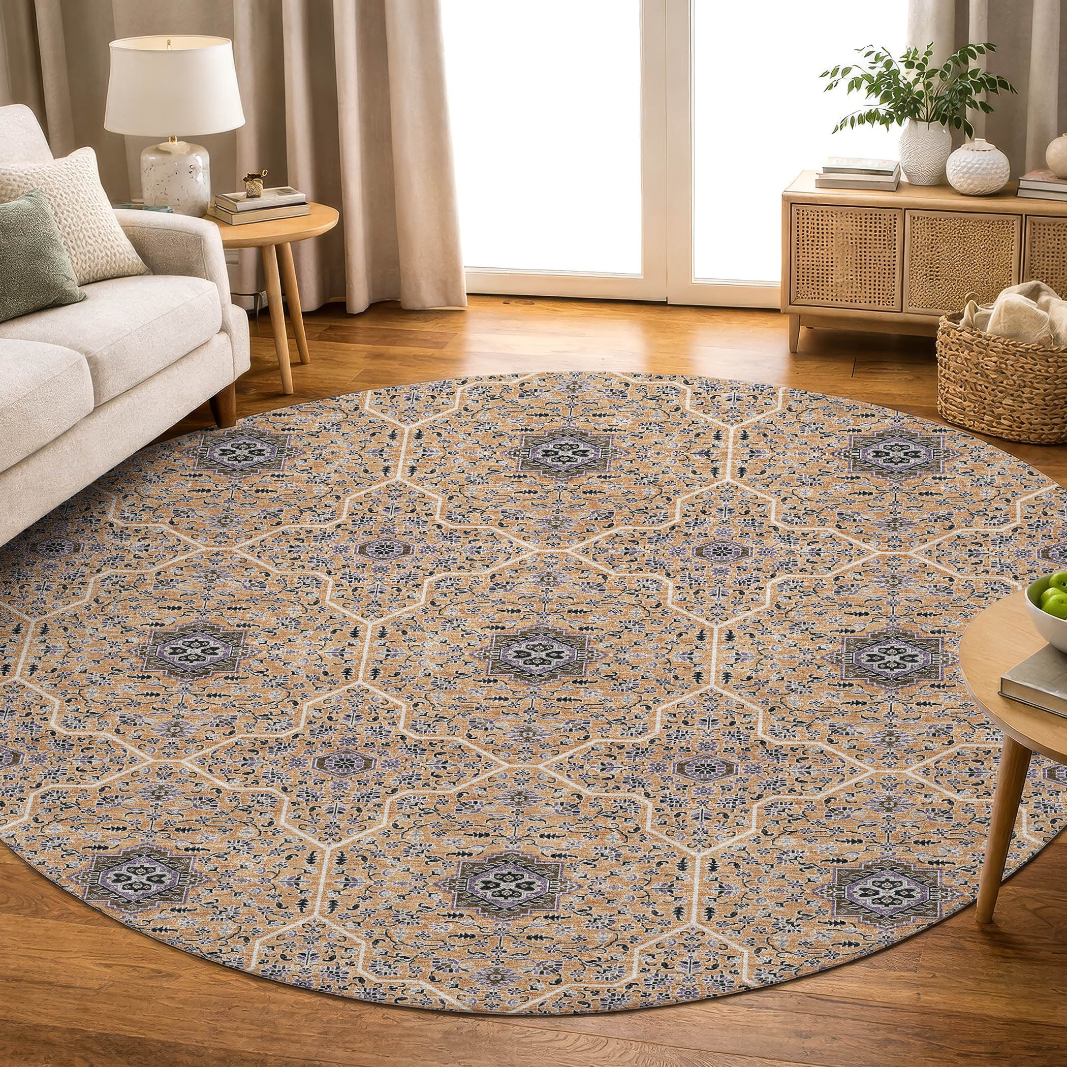 Kotor Machine Washable Transitional Copper Orange Rug 8' x 8' #shape_Round