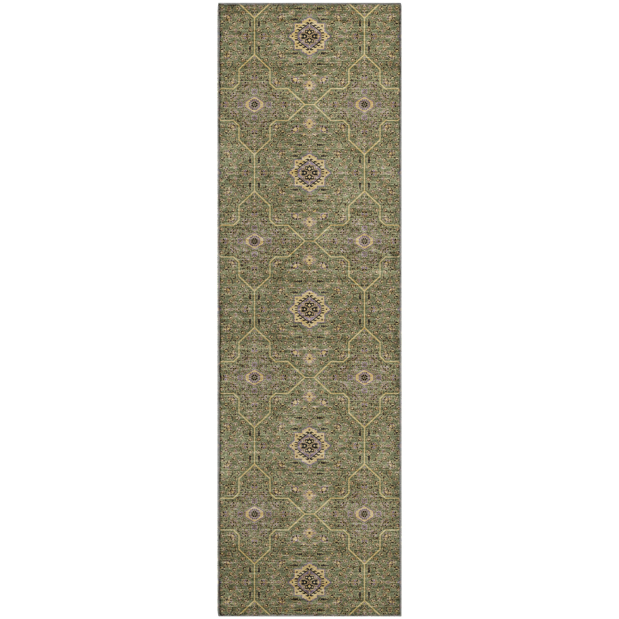 Kotor Machine Washable Transitional Olive Green Rug 2'3" x 7'6" #shape_Runner