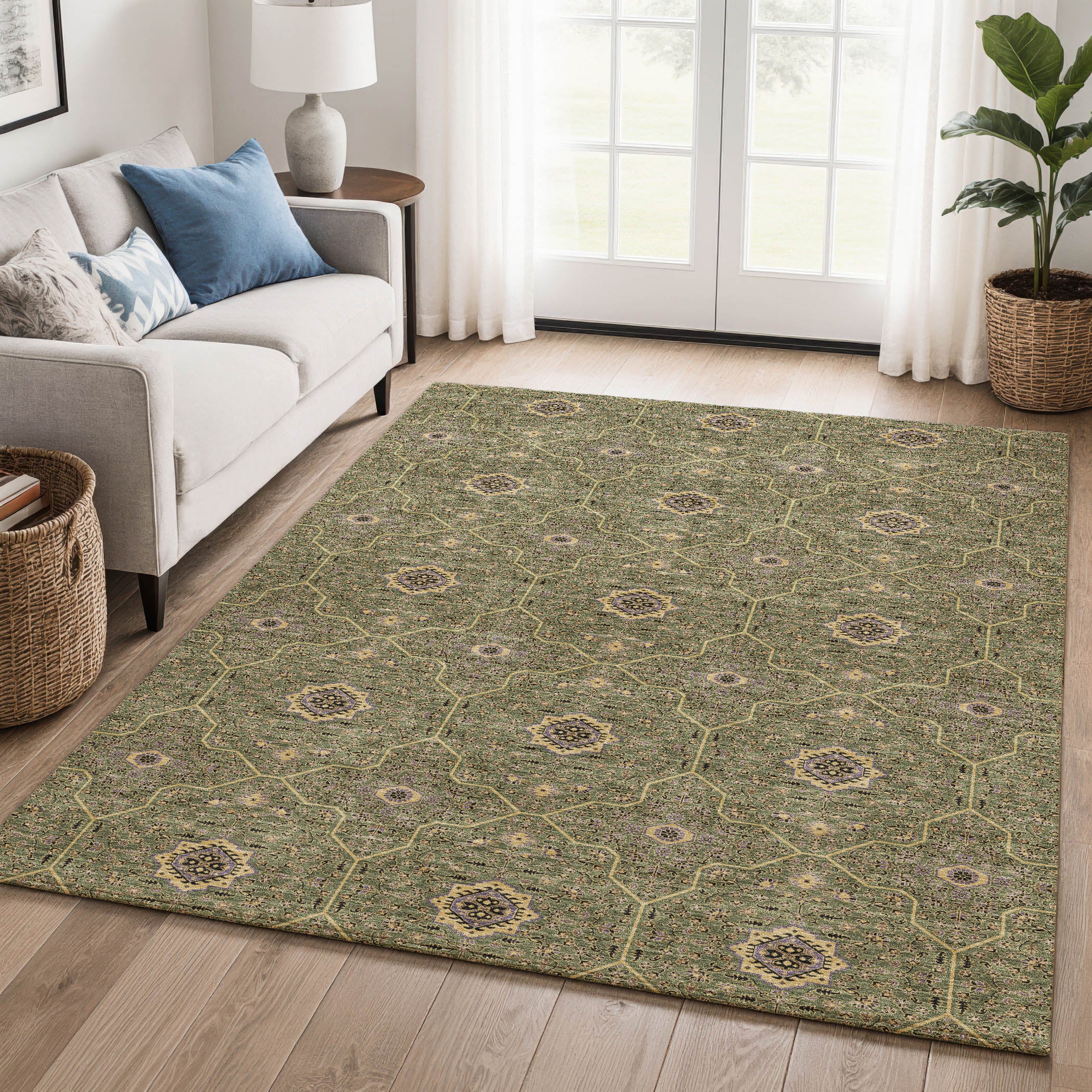 Kotor Machine Washable Transitional Olive Green Rug 3' x 5' #shape_Rectangle