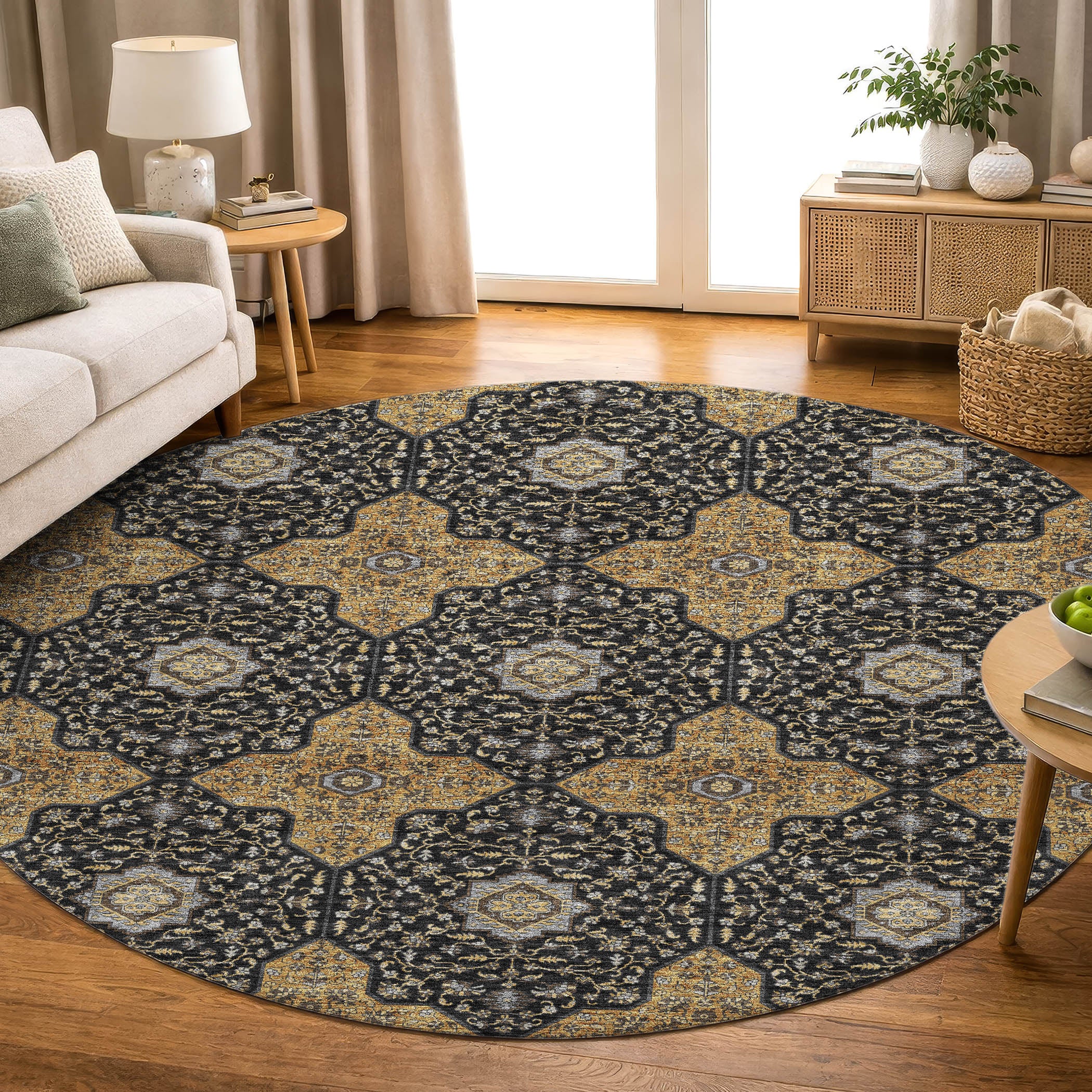 Cairo Machine Washable Transitional Black Rug 8' x 8' #shape_Round
