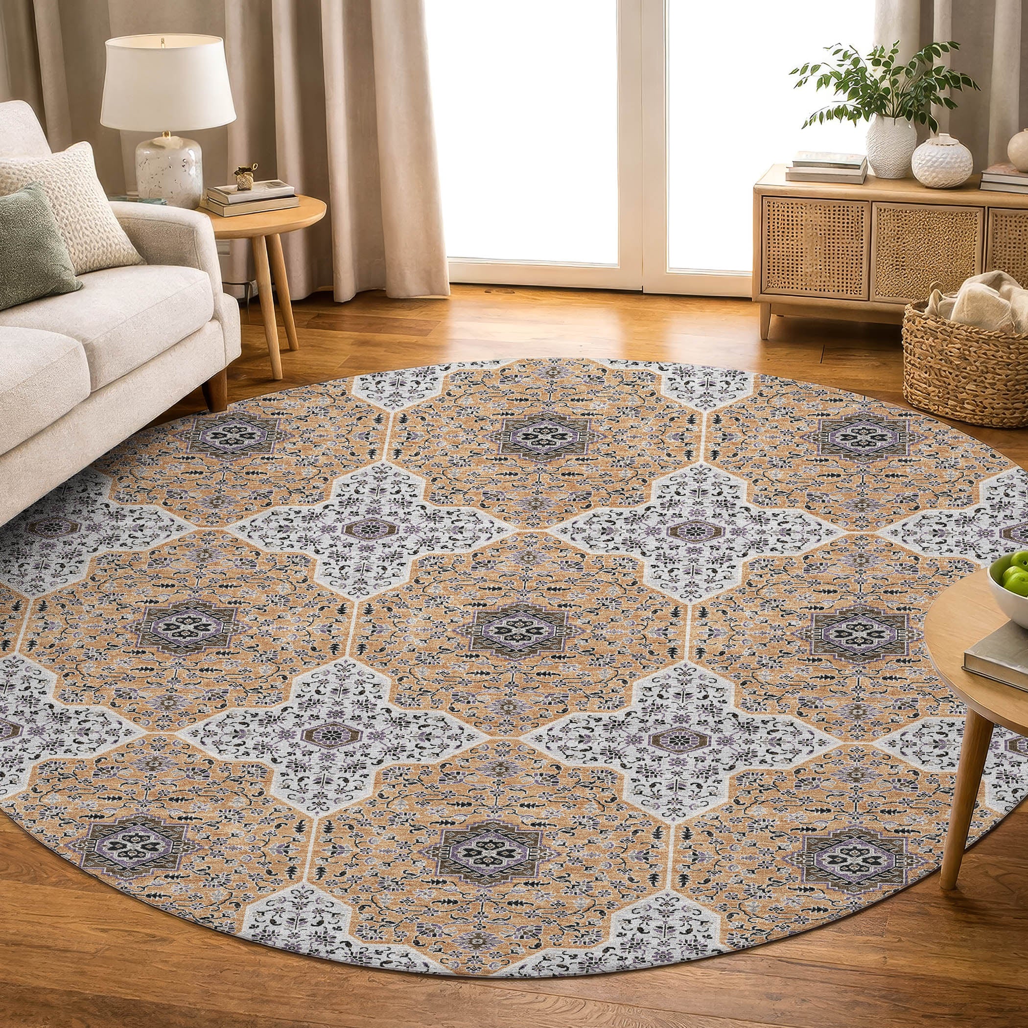 Cairo Machine Washable Contemporary Copper Orange Rug 8' x 8' #shape_Round