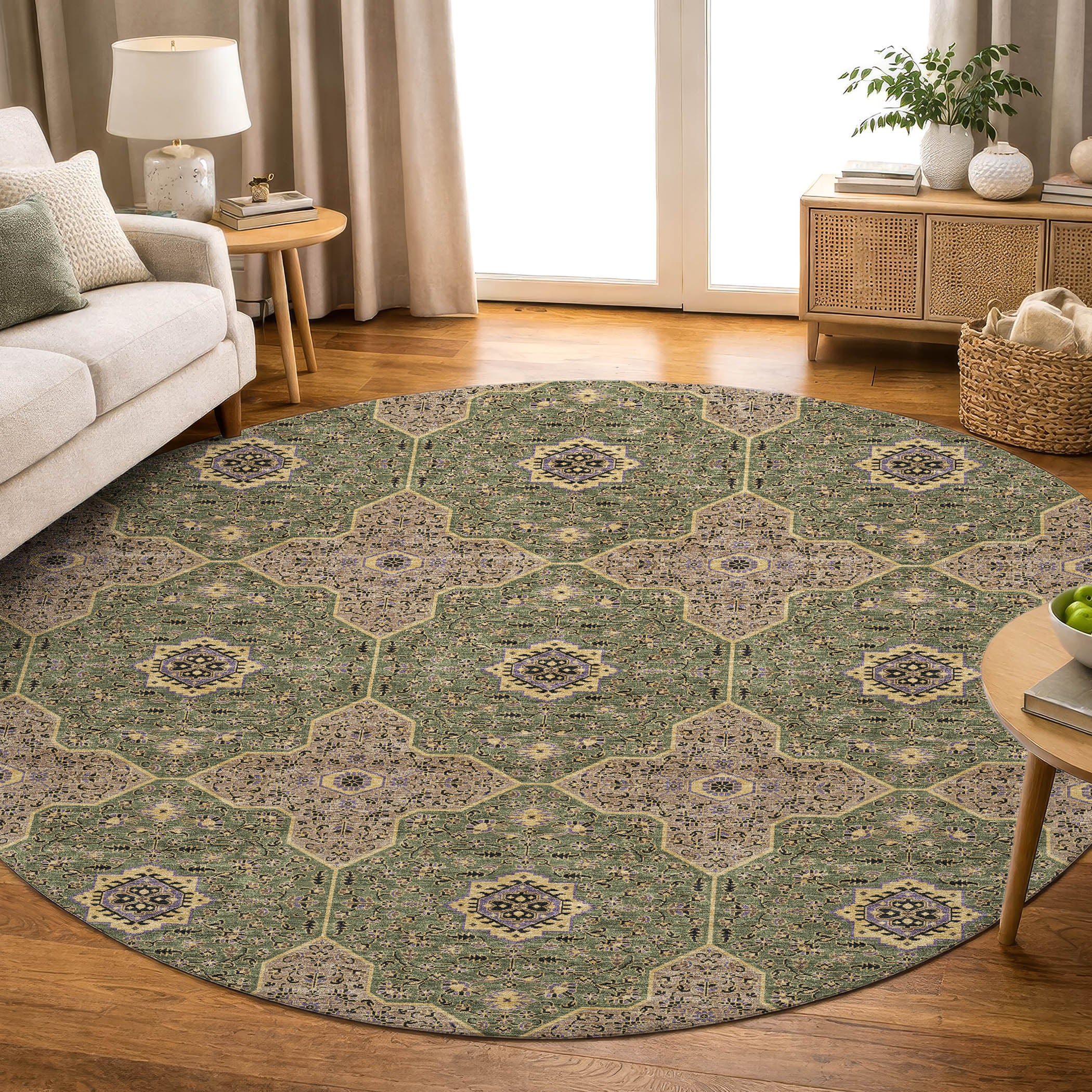 Cairo Machine Washable Contemporary Olive Green Rug 8' x 8' #shape_Round