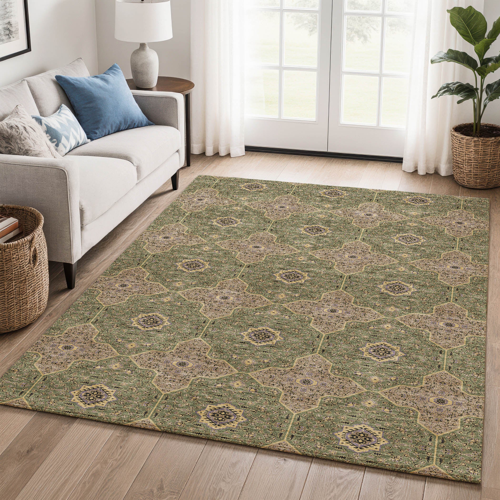 Cairo Machine Washable Contemporary Olive Green Rug 3' x 5' #shape_Rectangle