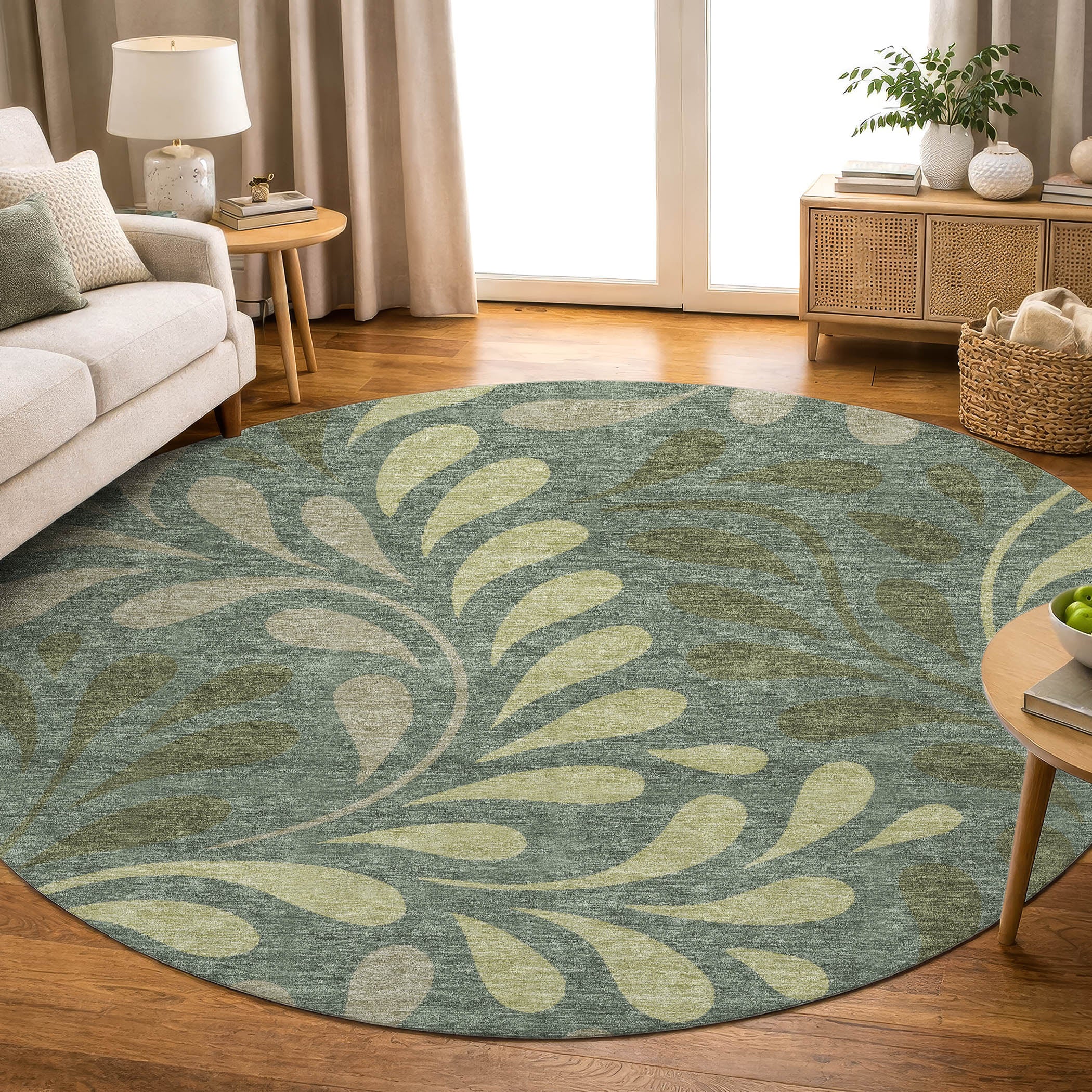 Split Machine Washable Contemporary Basil Green Rug 8' x 8' #shape_Round