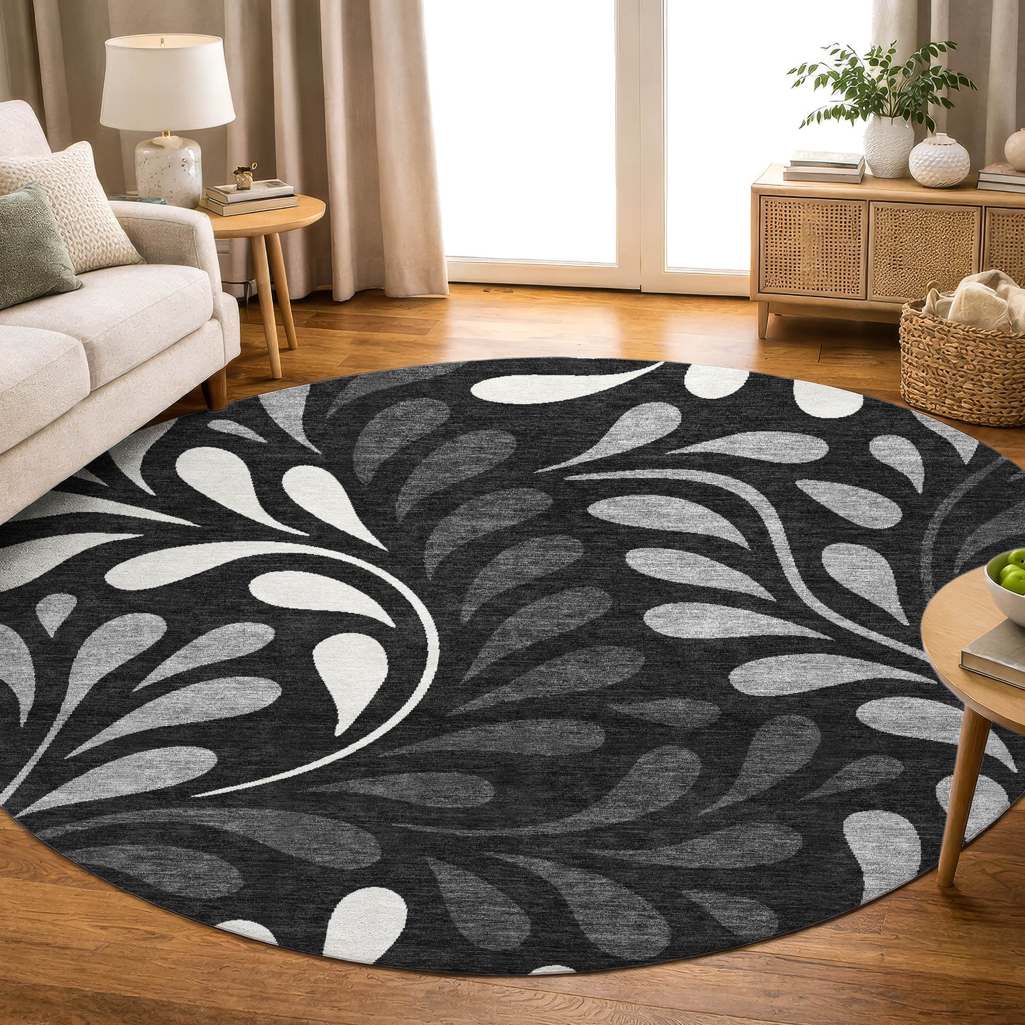 Split Machine Washable Contemporary Black Rug 8' x 8' #shape_Round