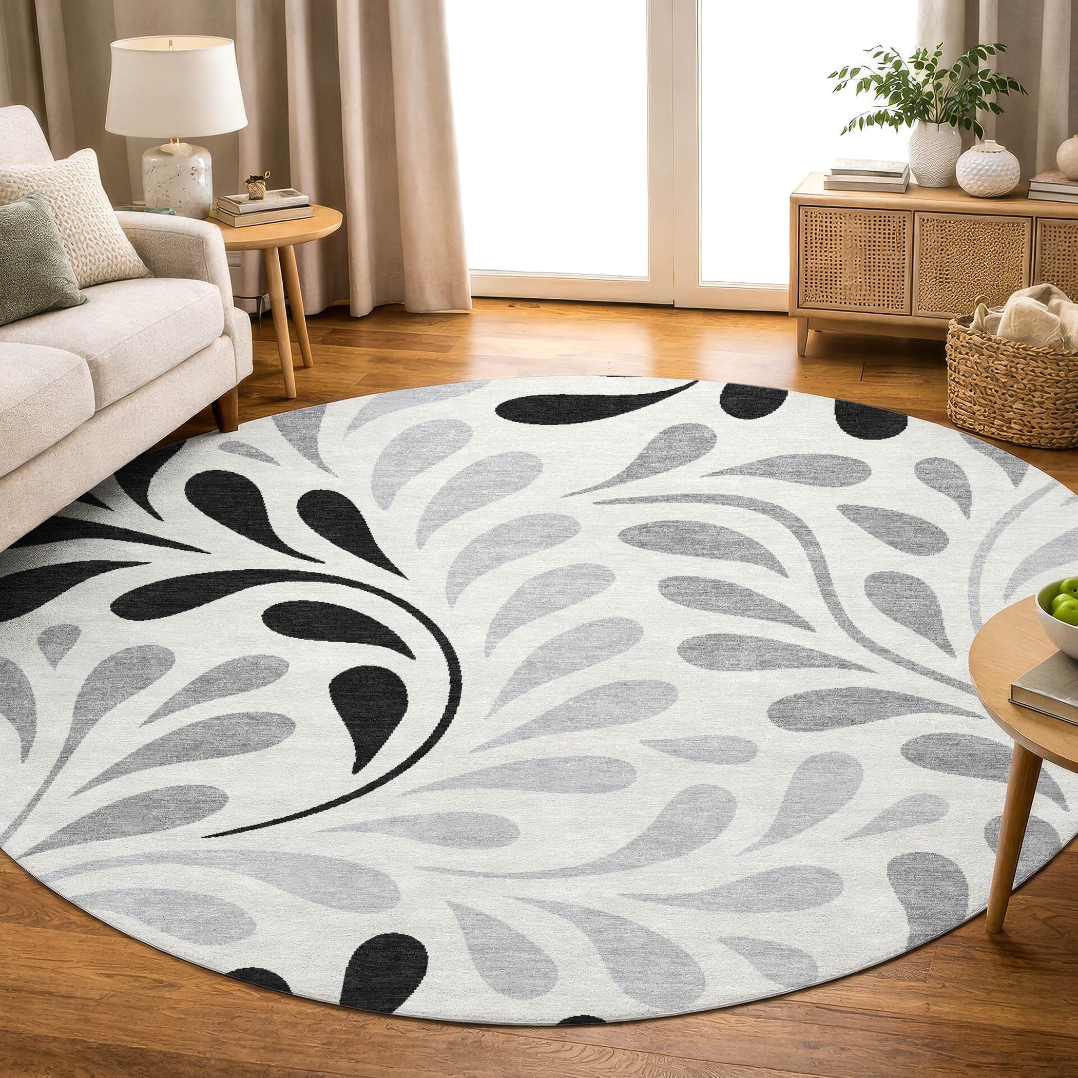Split Machine Washable Transitional Ivory Rug 8' x 8' #shape_Round