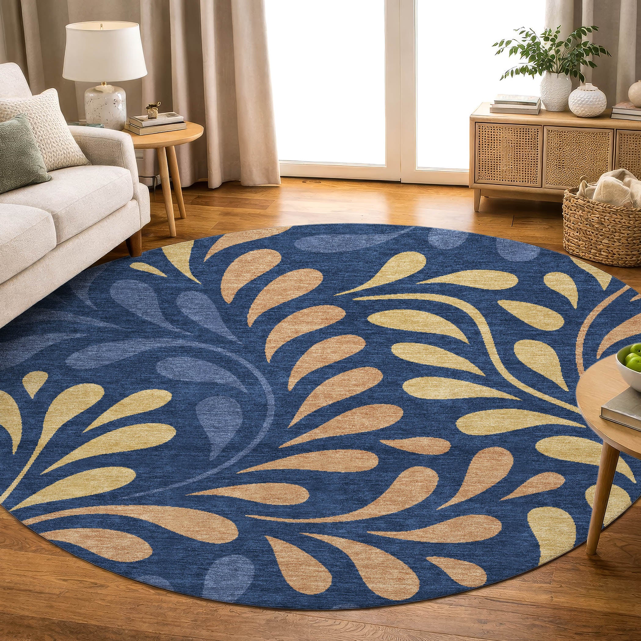 Split Machine Washable Transitional Navy Blue Rug 8' x 8' #shape_Round