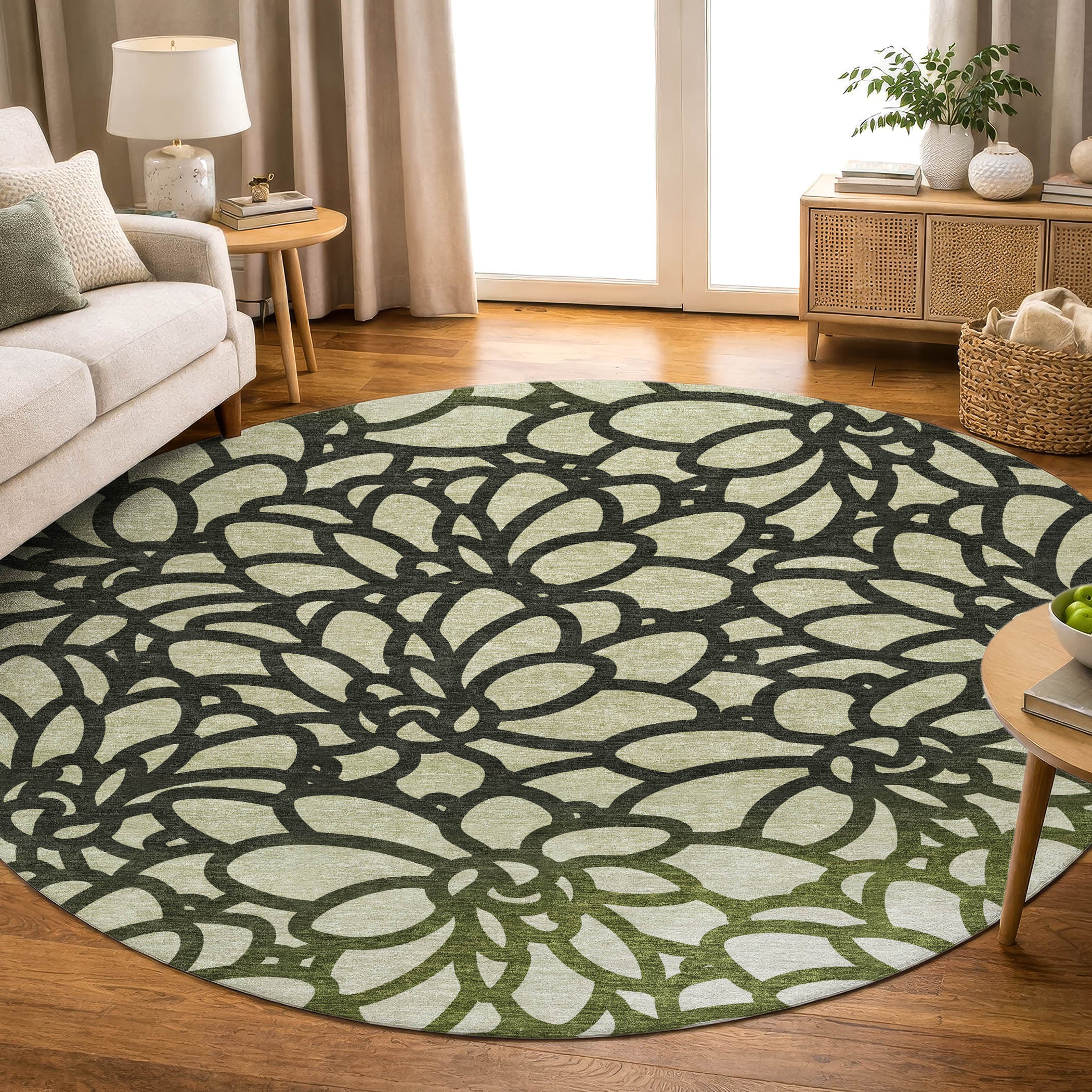 Istanbul Machine Washable Transitional Aloe Green Rug 8' x 8' #shape_Round