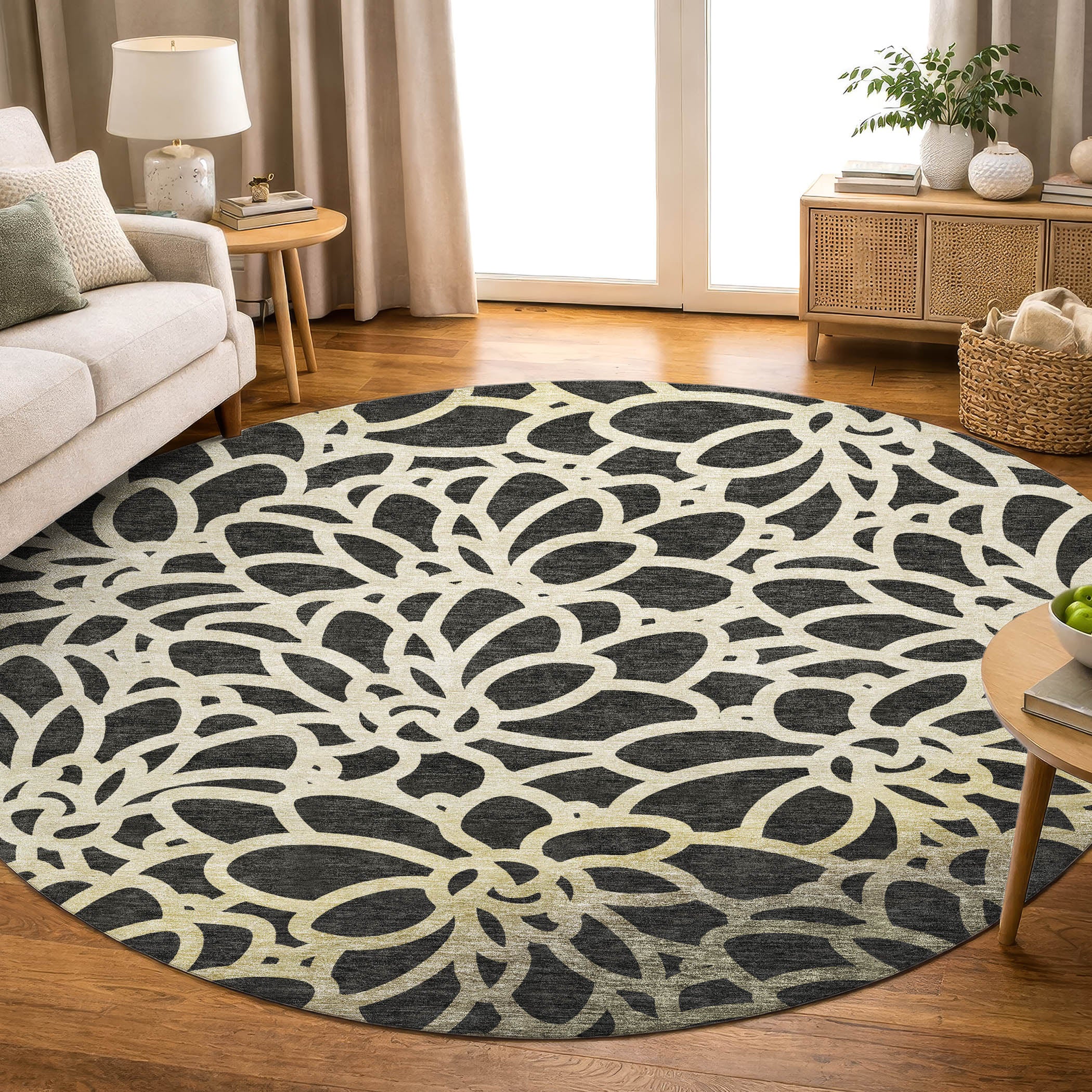 Istanbul Machine Washable Transitional Black Rug 8' x 8' #shape_Round