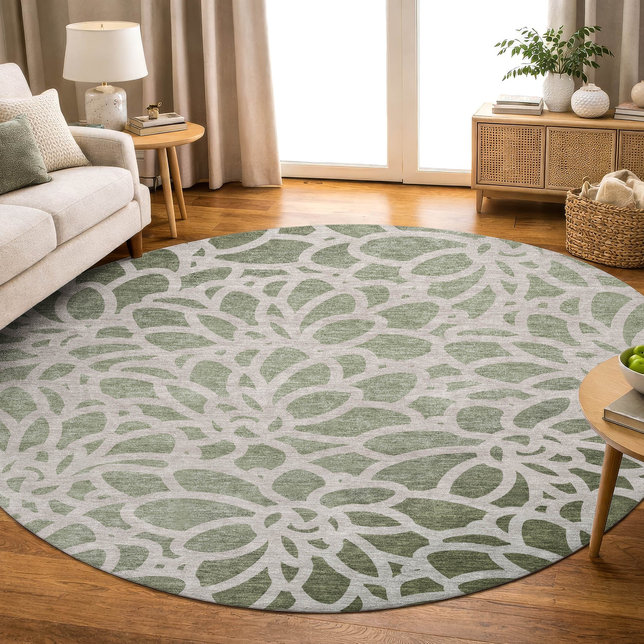 Istanbul Machine Washable Transitional Celery Green Rug 8' x 8' #shape_Round