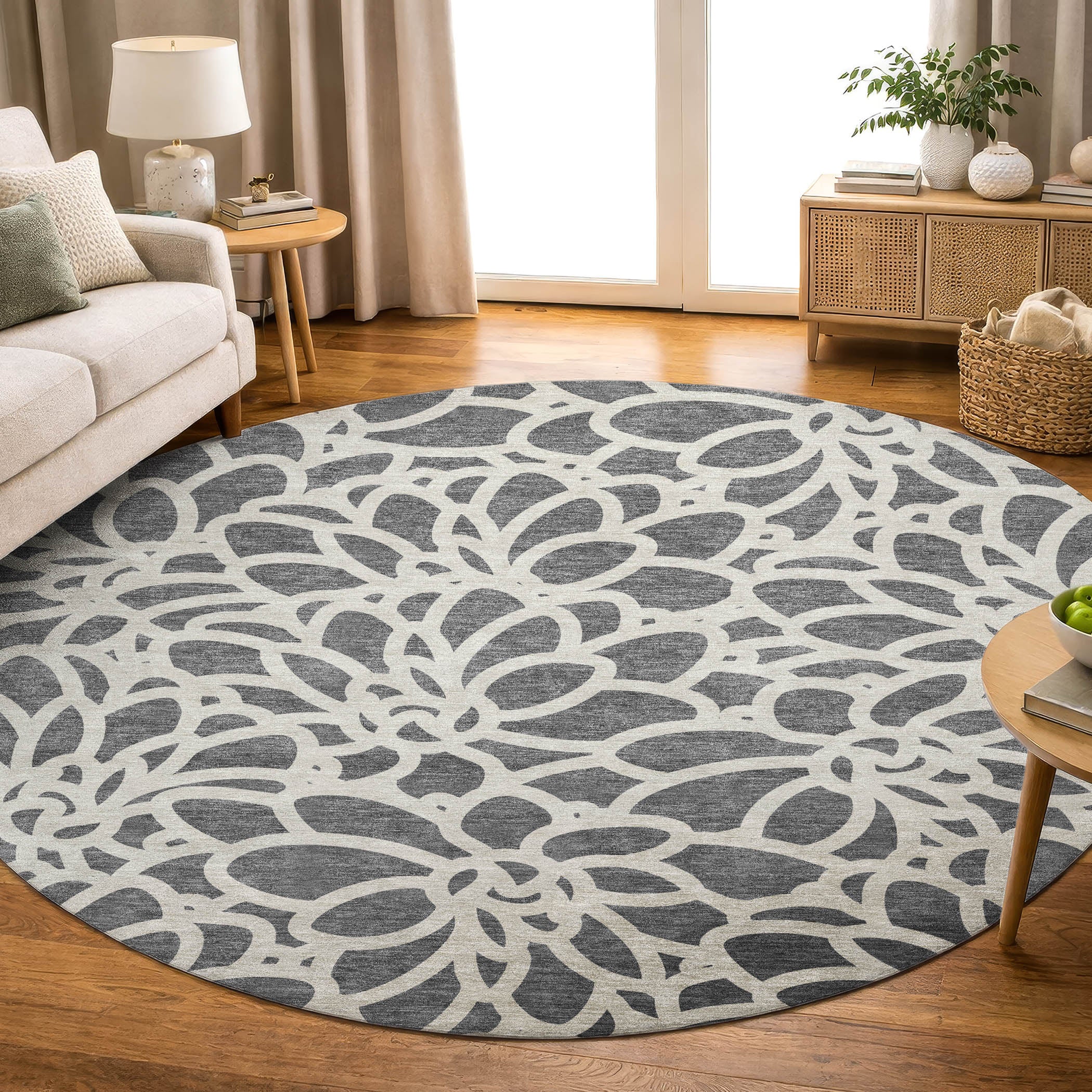 Istanbul Machine Washable Transitional Gray Rug 8' x 8' #shape_Round