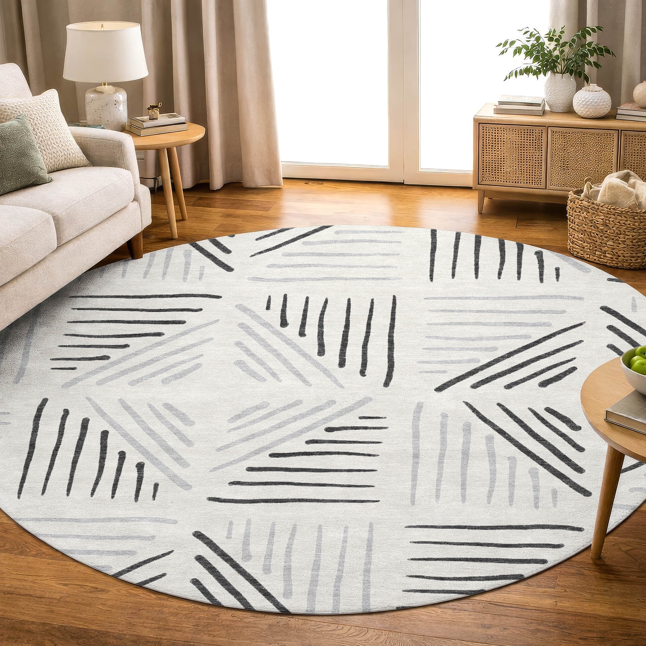 Kyoto Machine Washable Transitional Ivory Rug 8' x 8' #shape_Round