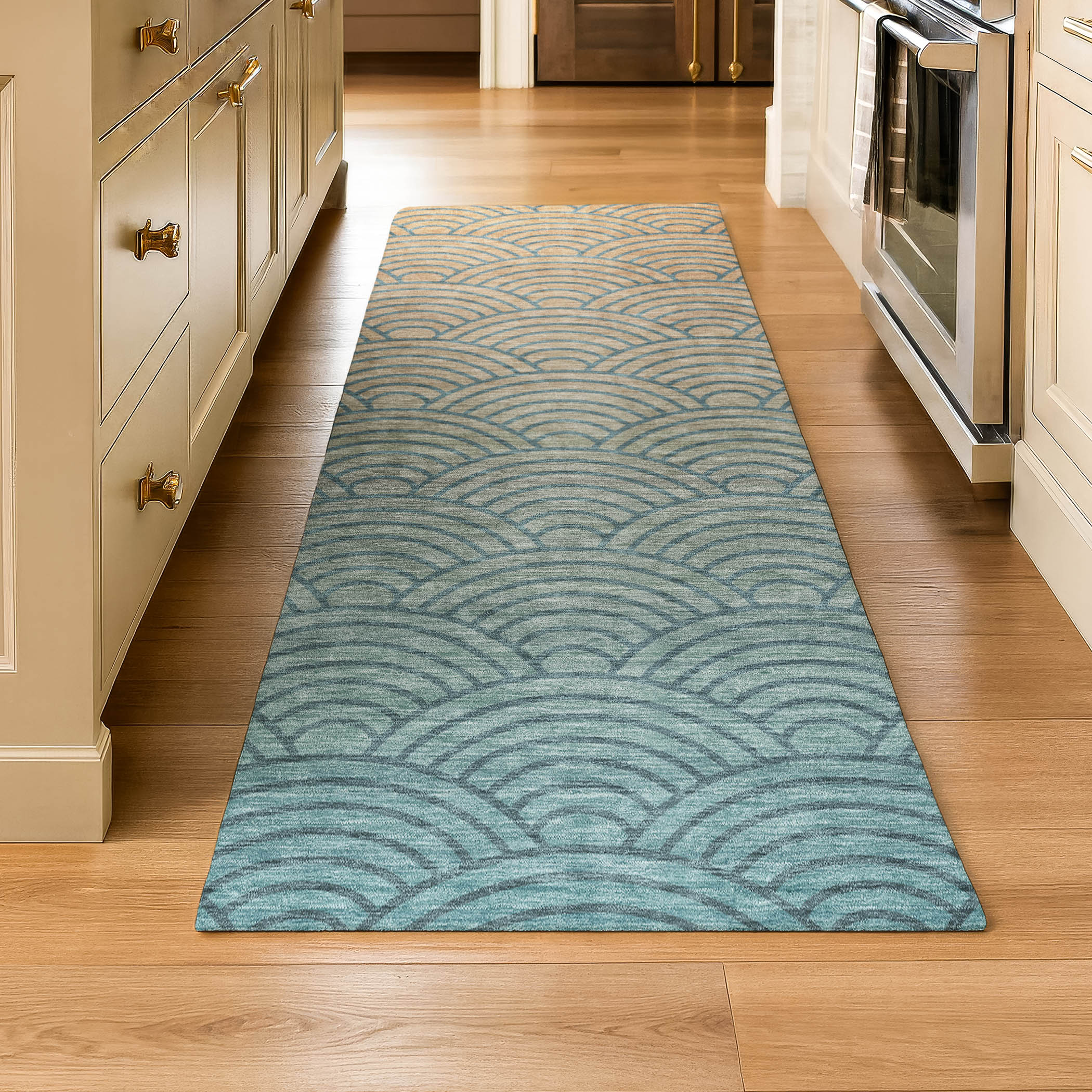 Santorini Machine Washable Transitional Teal Rug 2'3" x 7'6" #shape_Runner