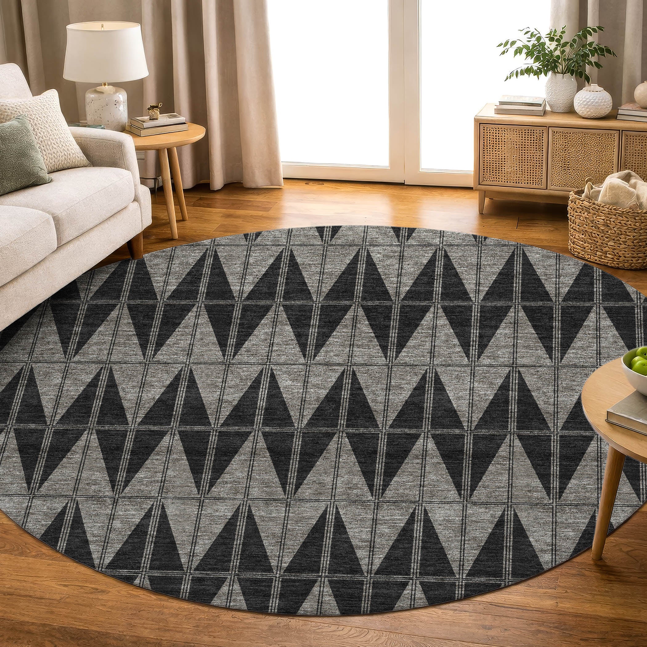 Zanzibar Machine Washable Transitional Black Rug 8' x 8' #shape_Round