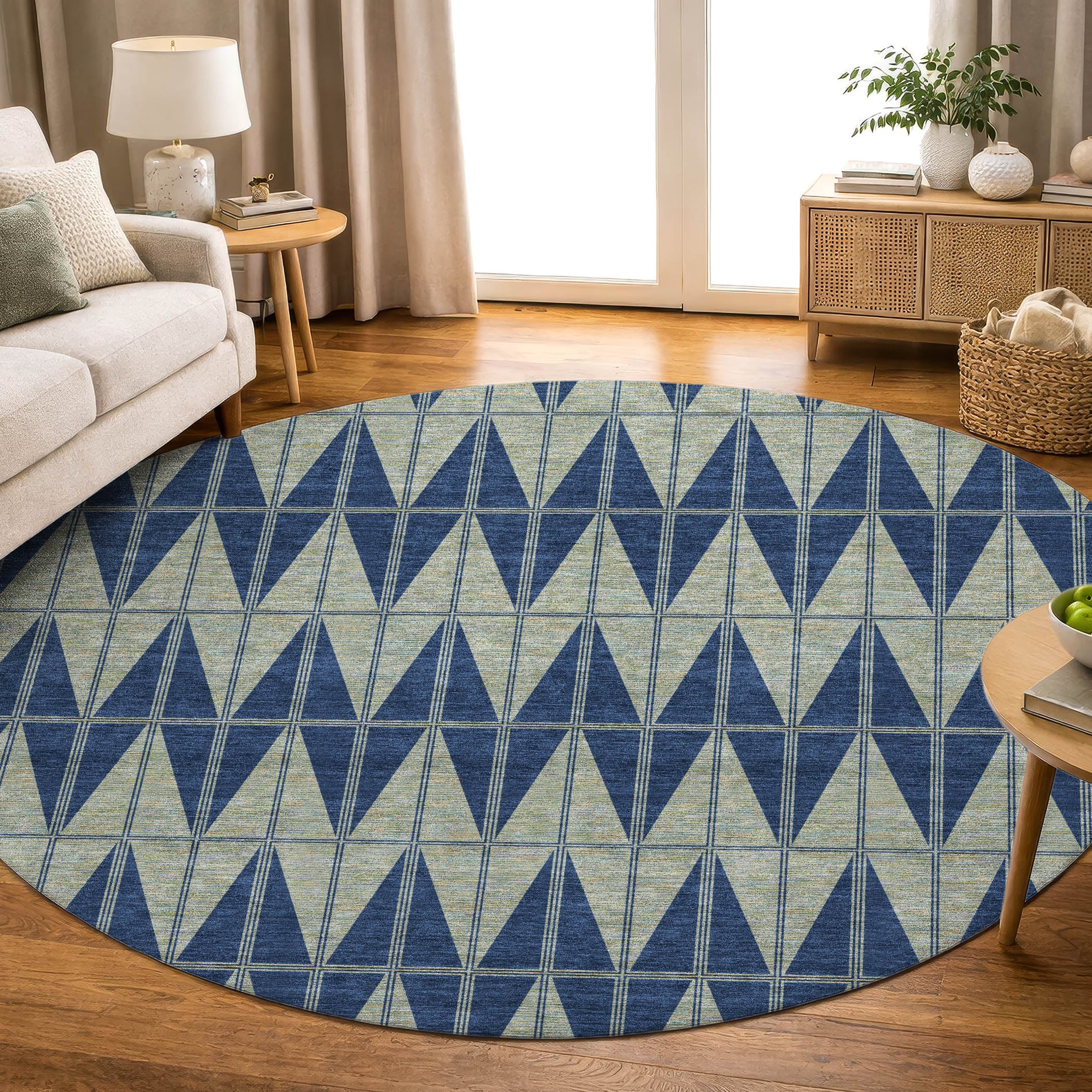 Zanzibar Machine Washable Transitional Navy Blue Rug 8' x 8' #shape_Round