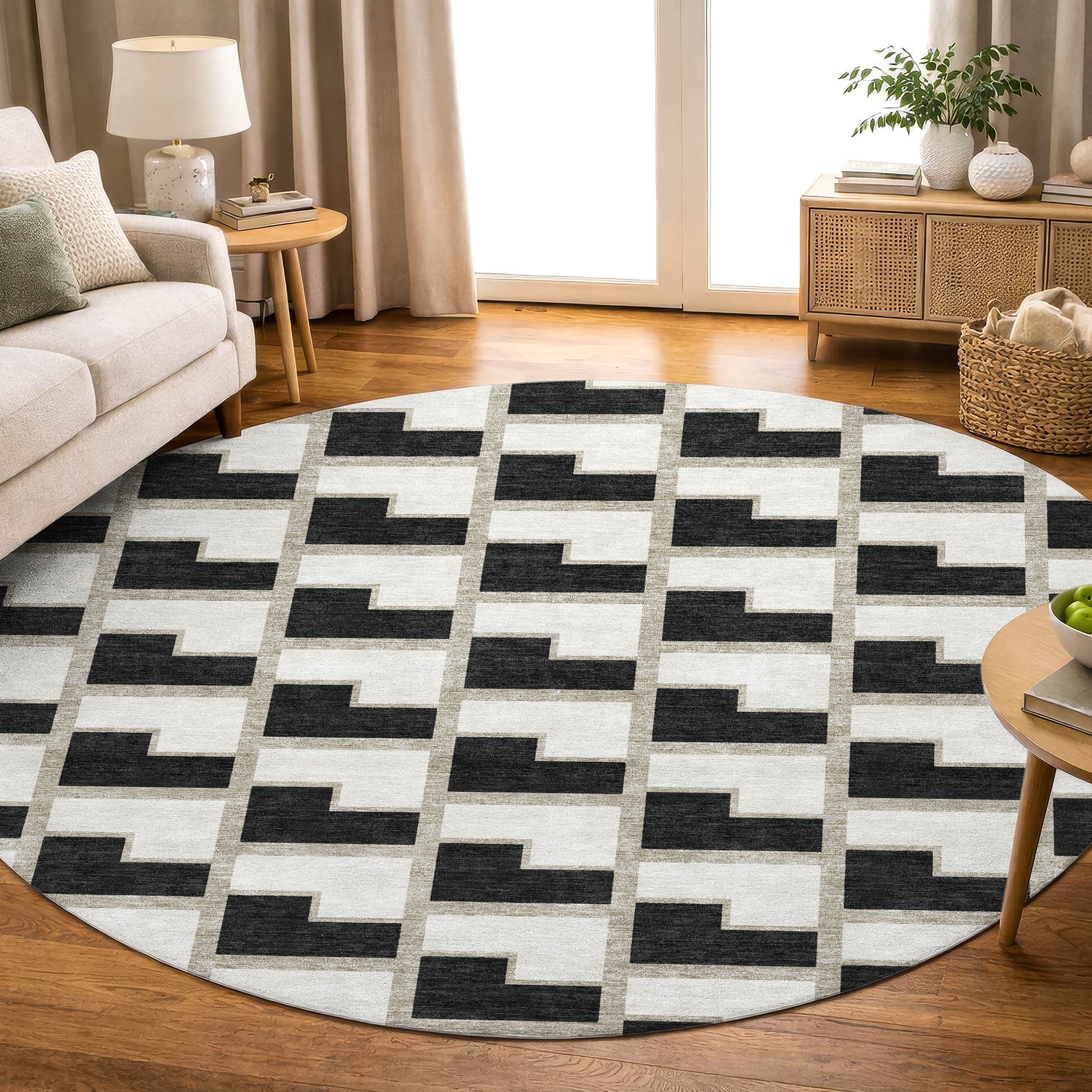 Chiang Mai Machine Washable Transitional Black Rug 8' x 8' #shape_Round