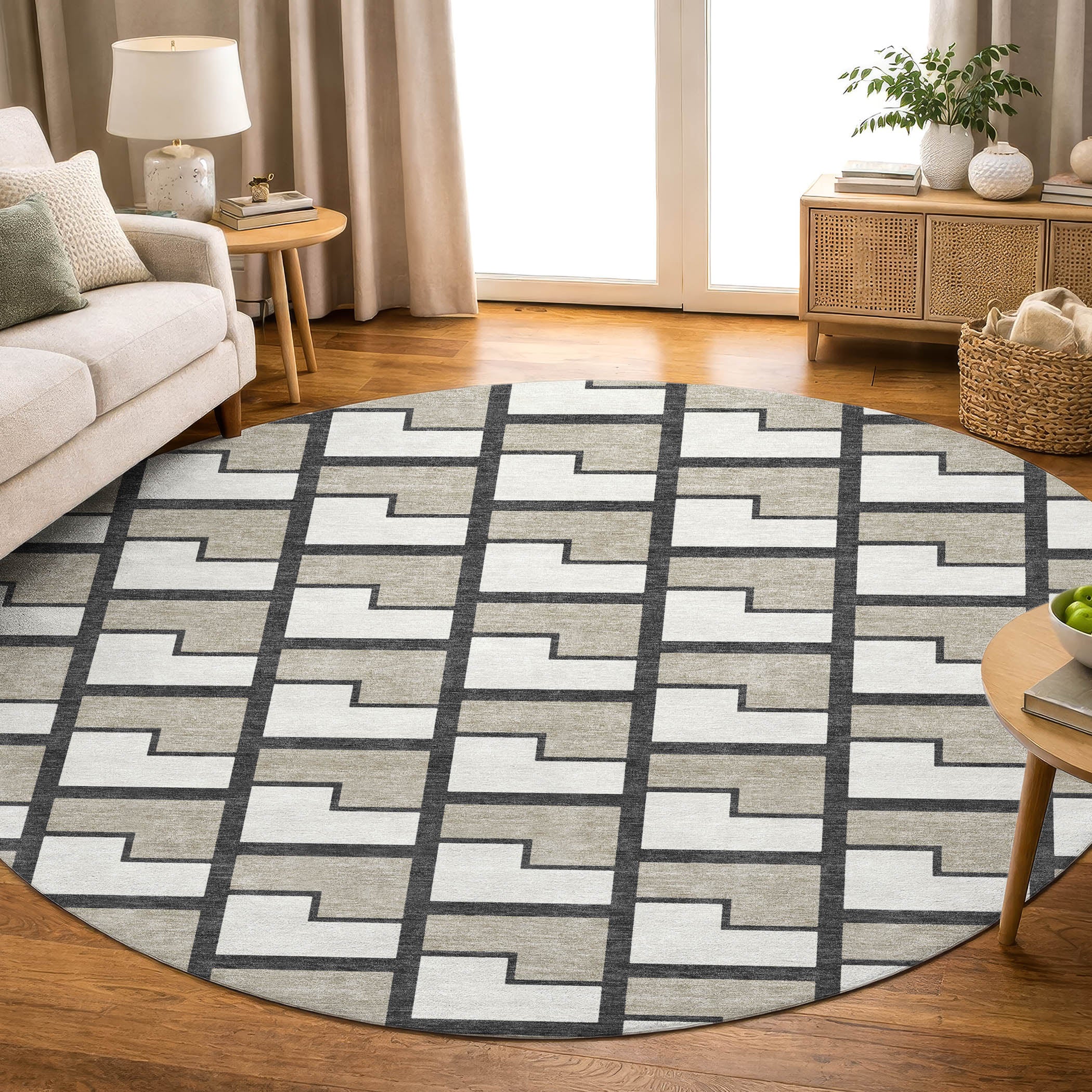Chiang Mai Machine Washable Transitional Ivory Rug 8' x 8' #shape_Round
