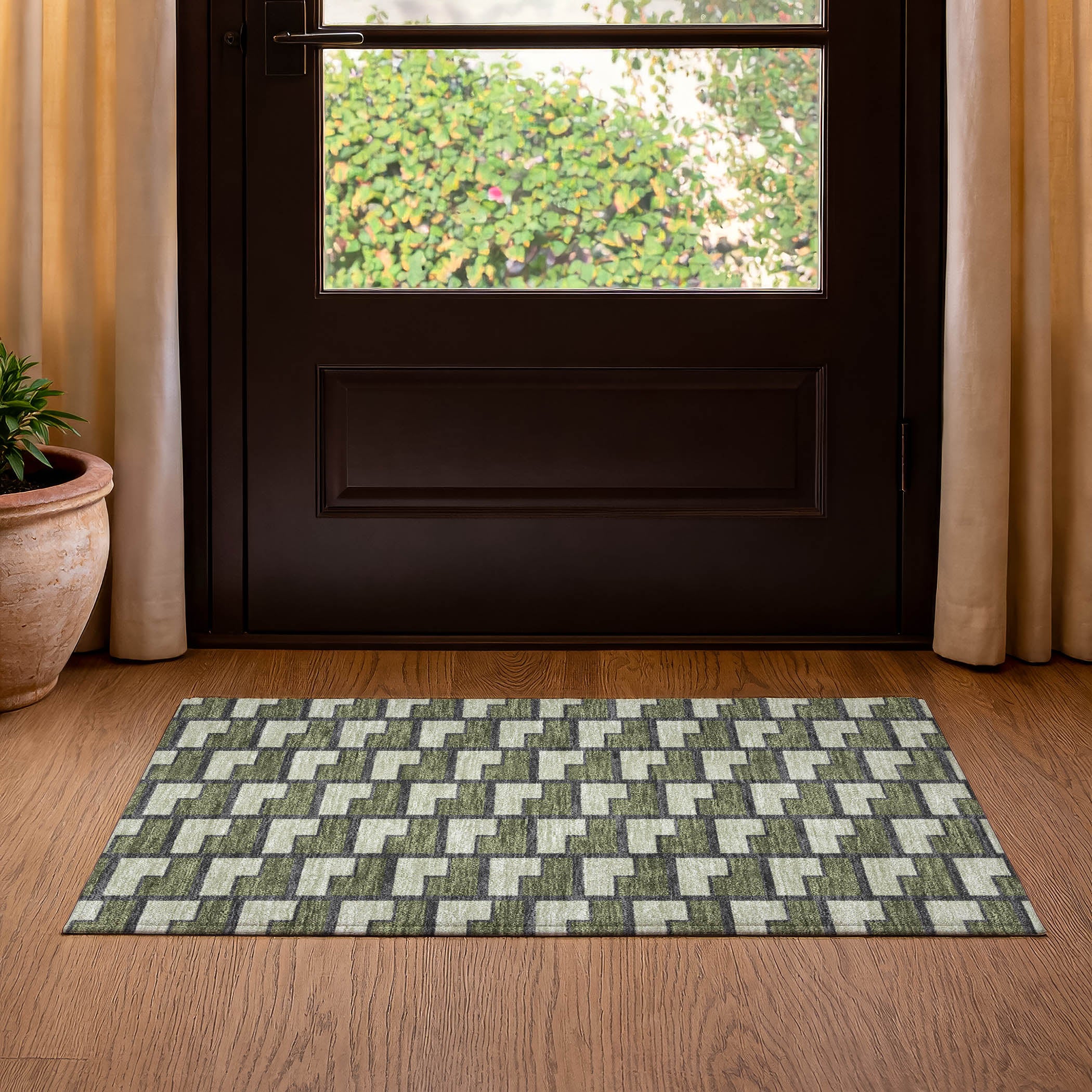 Chiang Mai Machine Washable Transitional Olive Green Rug 1'8" x 2'6" #shape_Rectangle