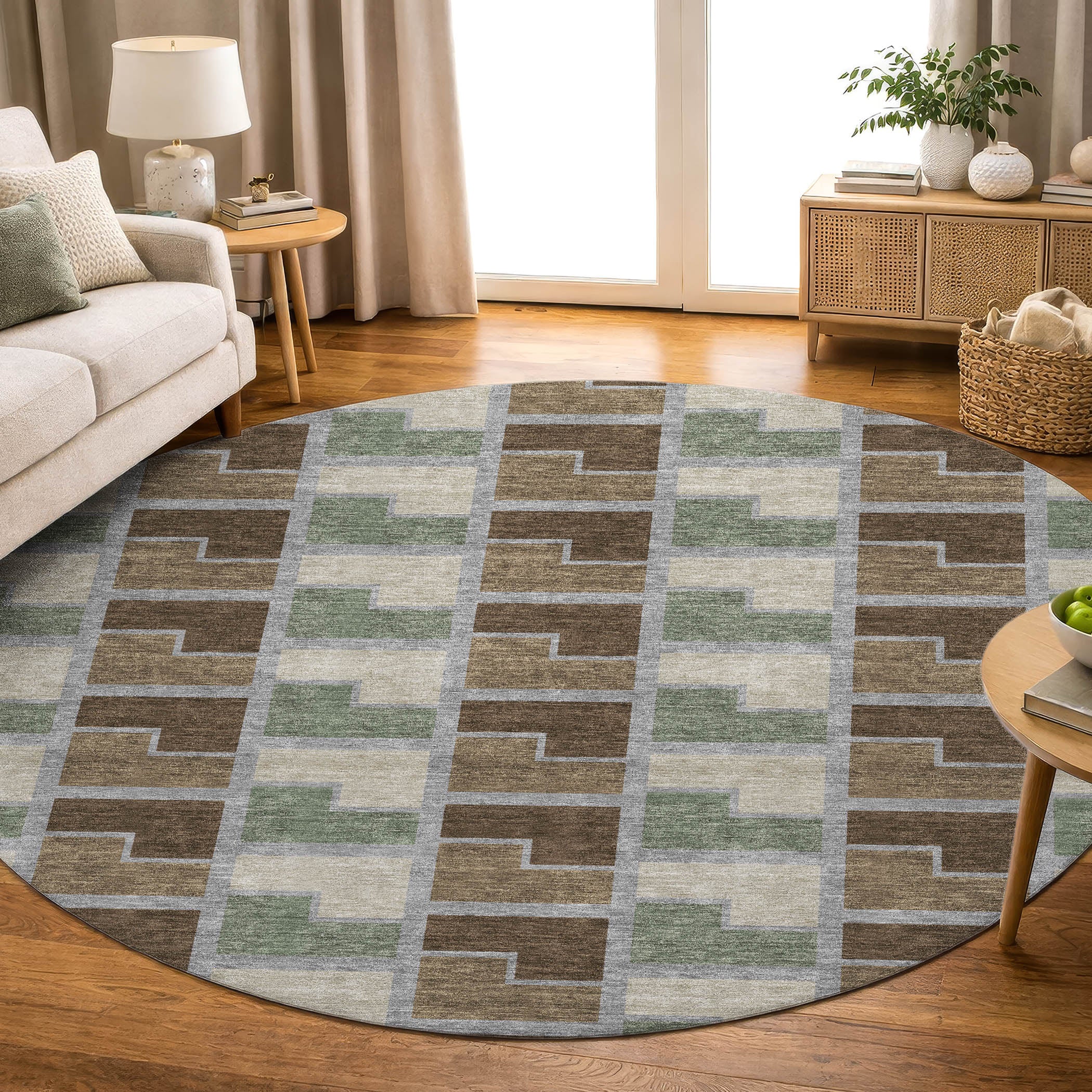 Antigua Machine Washable Transitional Chocolate Brown Rug 8' x 8' #shape_Round