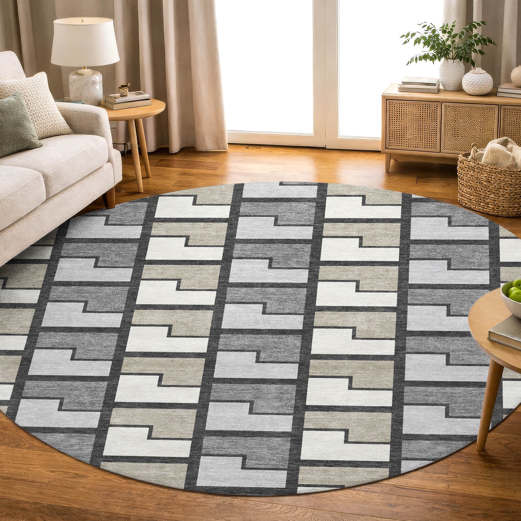 Antigua Machine Washable Transitional Ivory Rug 8' x 8' #shape_Round