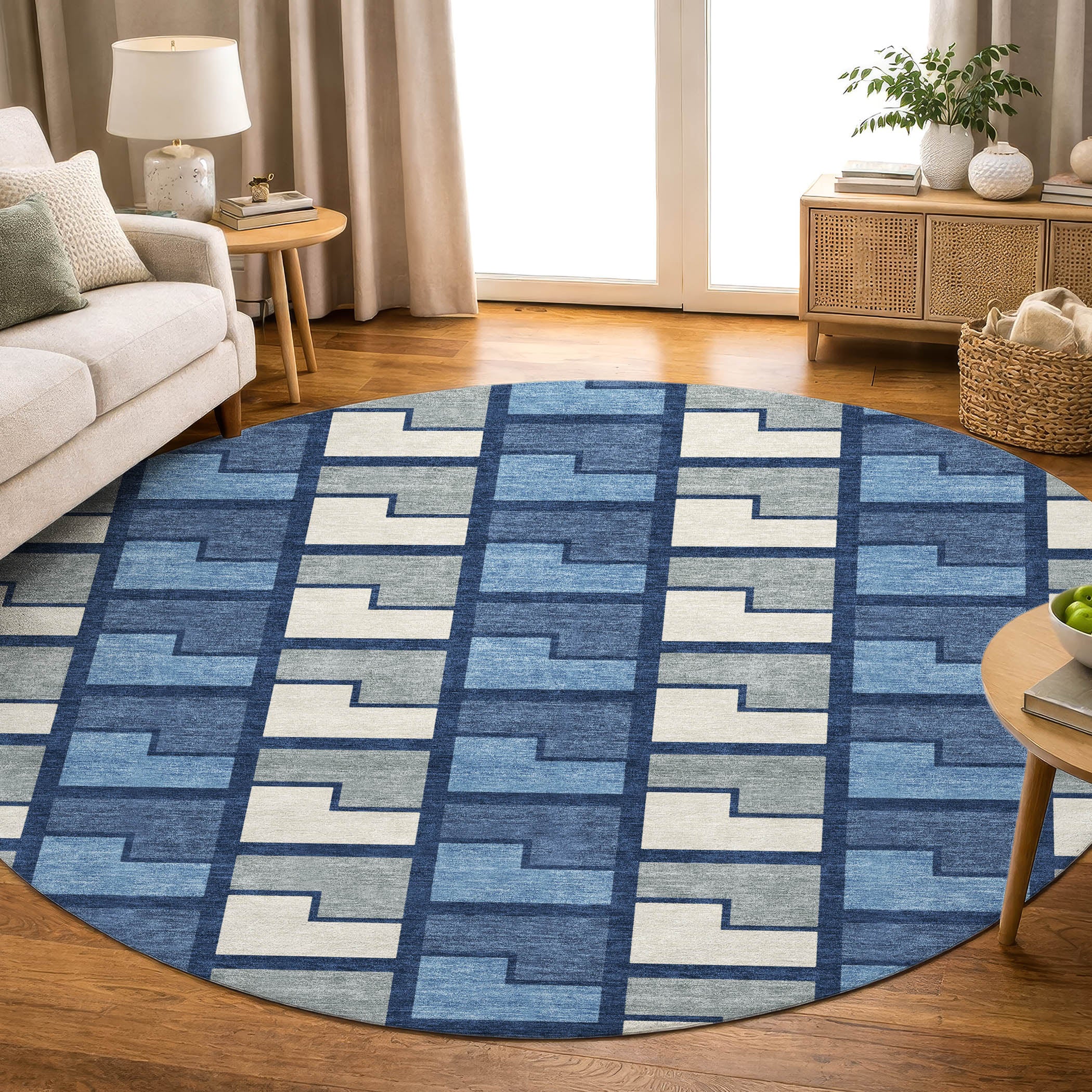 Antigua Machine Washable Transitional Navy Blue Rug 8' x 8' #shape_Round