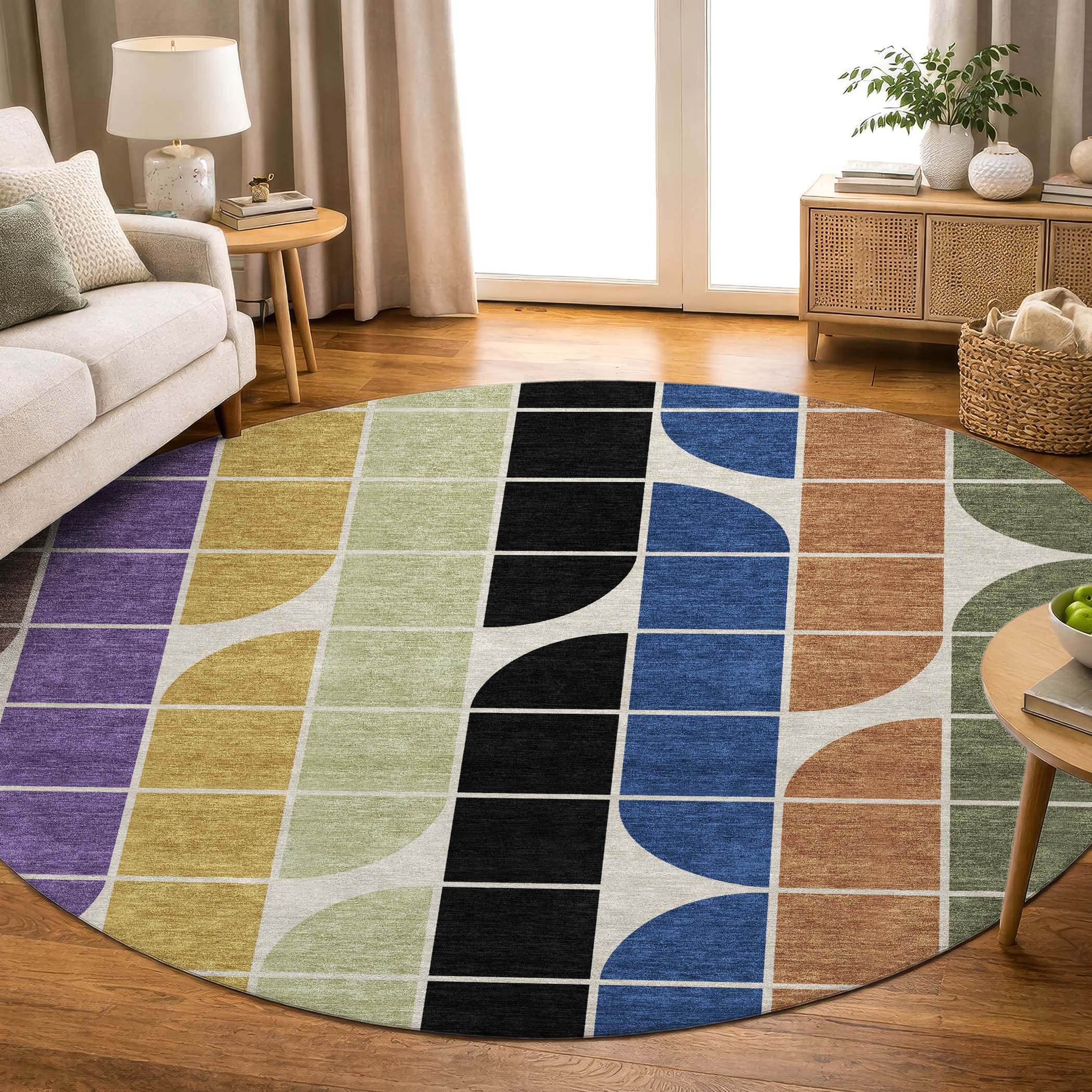 Oaxaca Machine Washable Transitional Blue Rug 8' x 8' #shape_Round