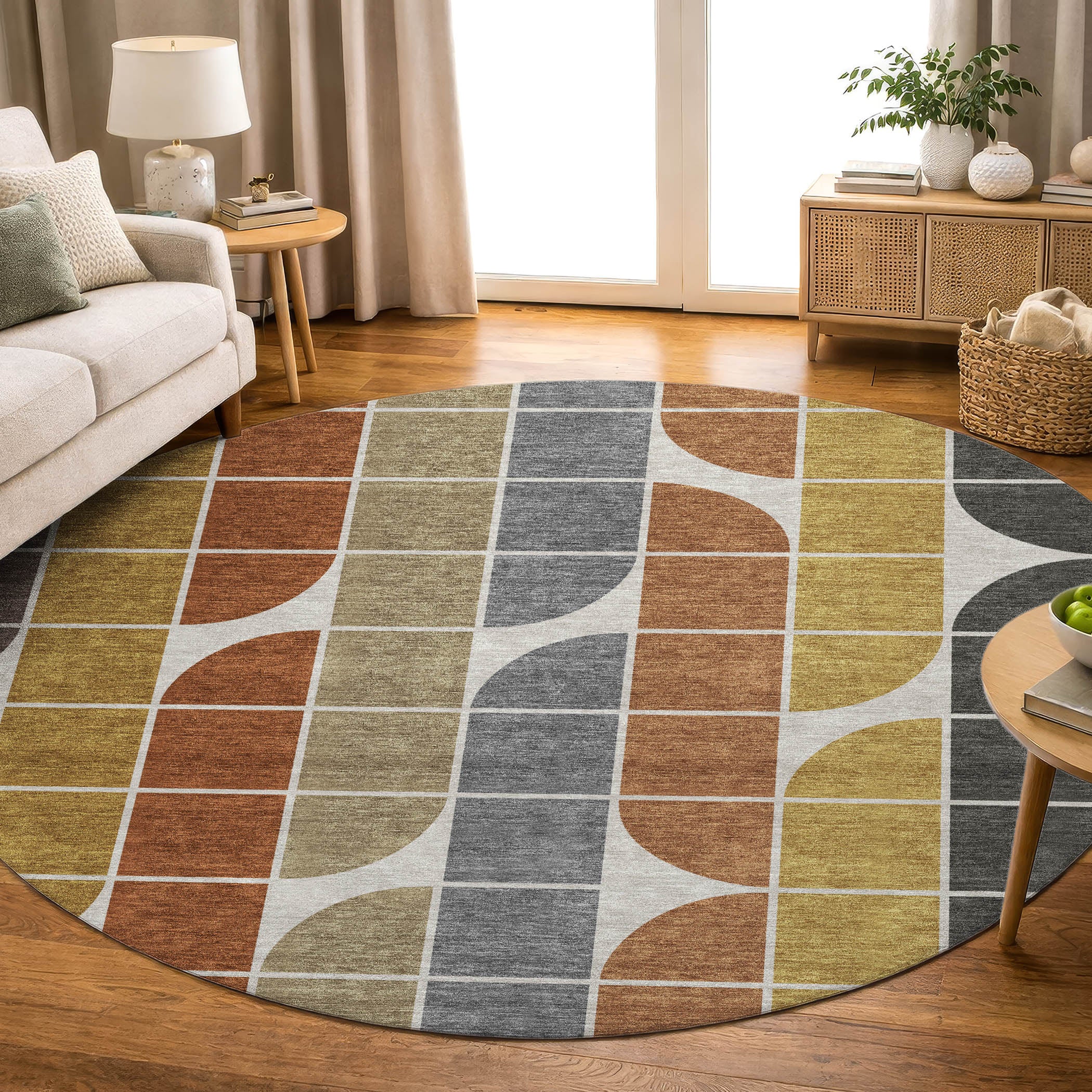 Oaxaca Machine Washable Transitional Coffee Brown Rug 8' x 8' #shape_Round