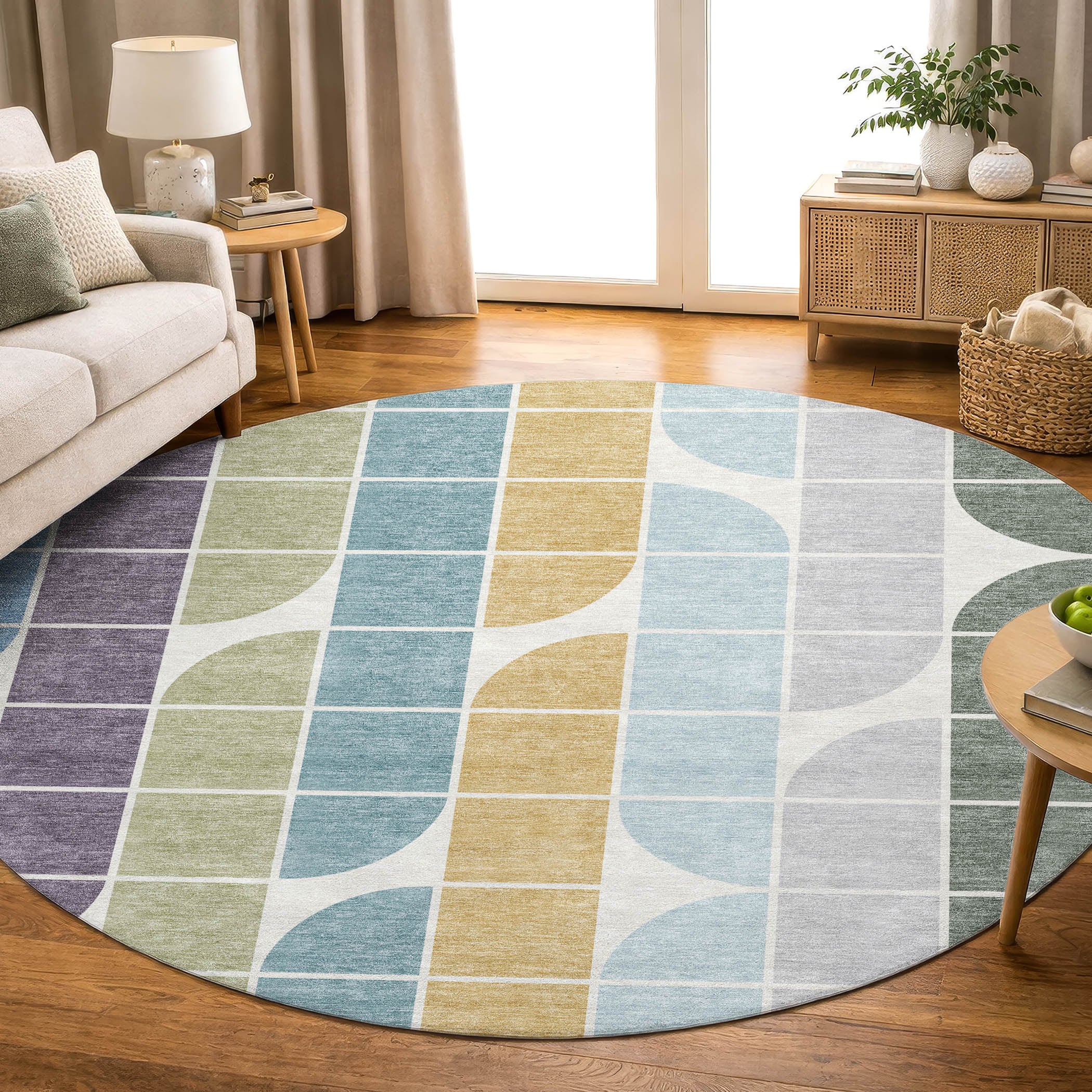 Oaxaca Machine Washable Transitional Seafoam Blue Rug 8' x 8' #shape_Round