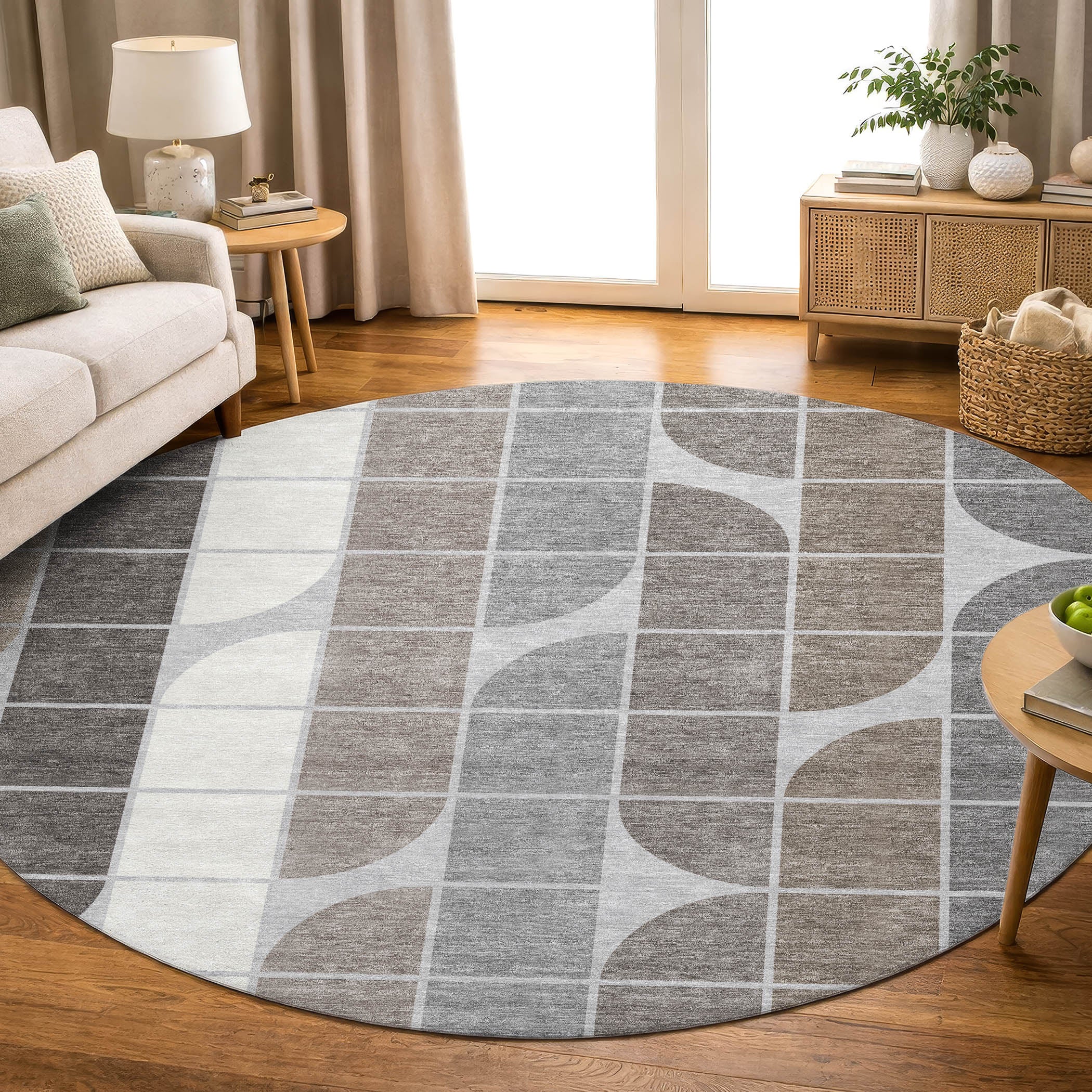 Oaxaca Machine Washable Transitional Silver Gray Rug 8' x 8' #shape_Round