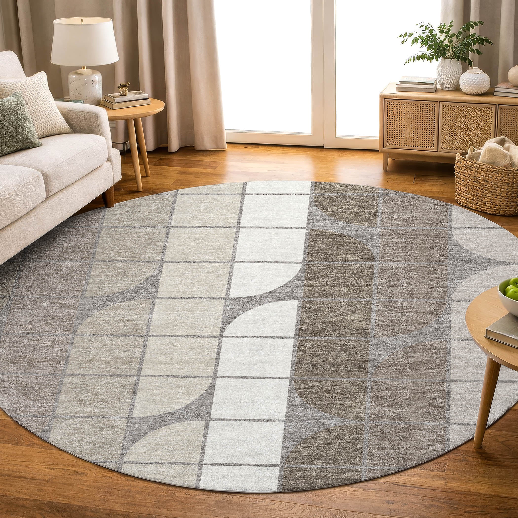 Oaxaca Machine Washable Contemporary Taupe Brown Rug 8' x 8' #shape_Round