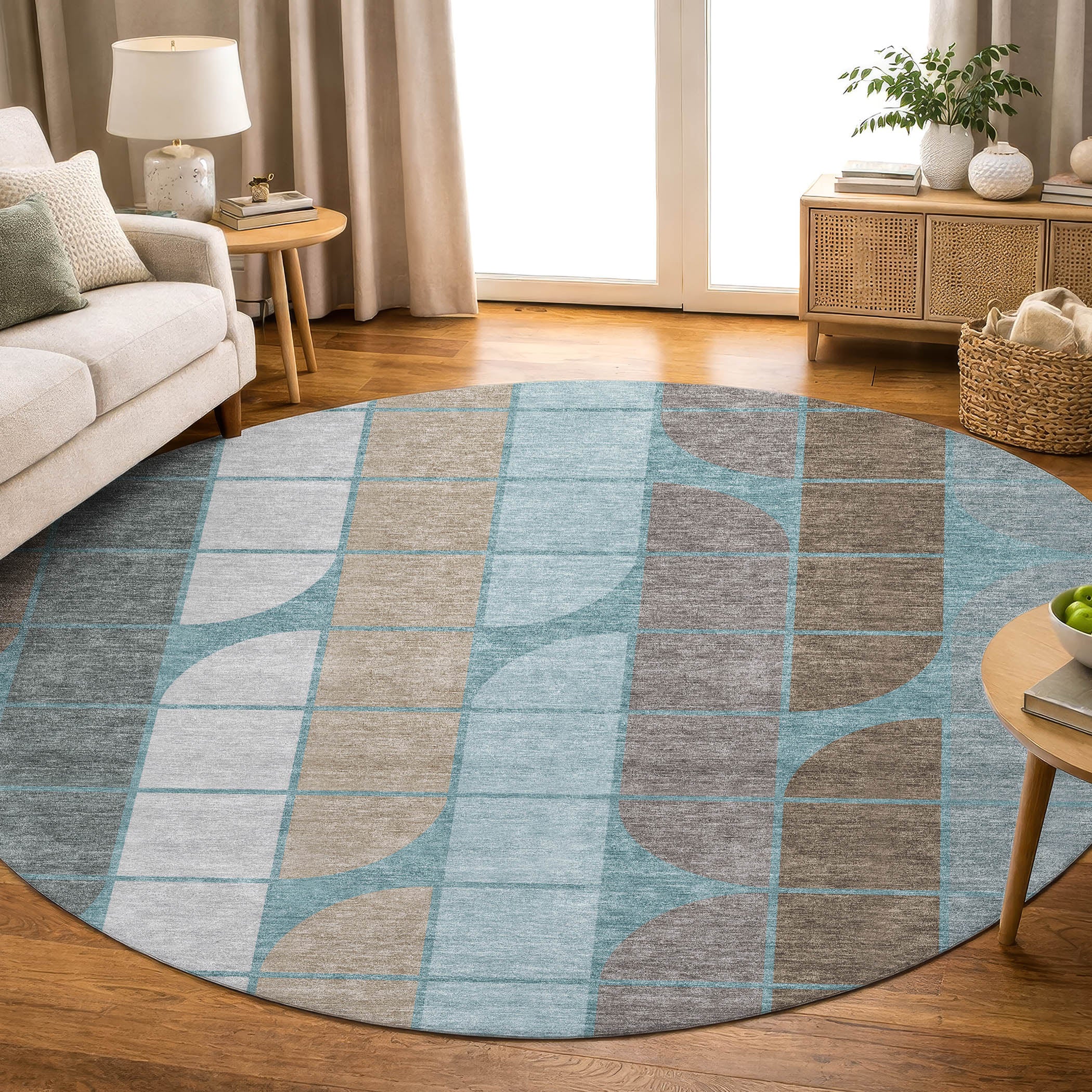 Oaxaca Machine Washable Contemporary Teal Rug 8' x 8' #shape_Round