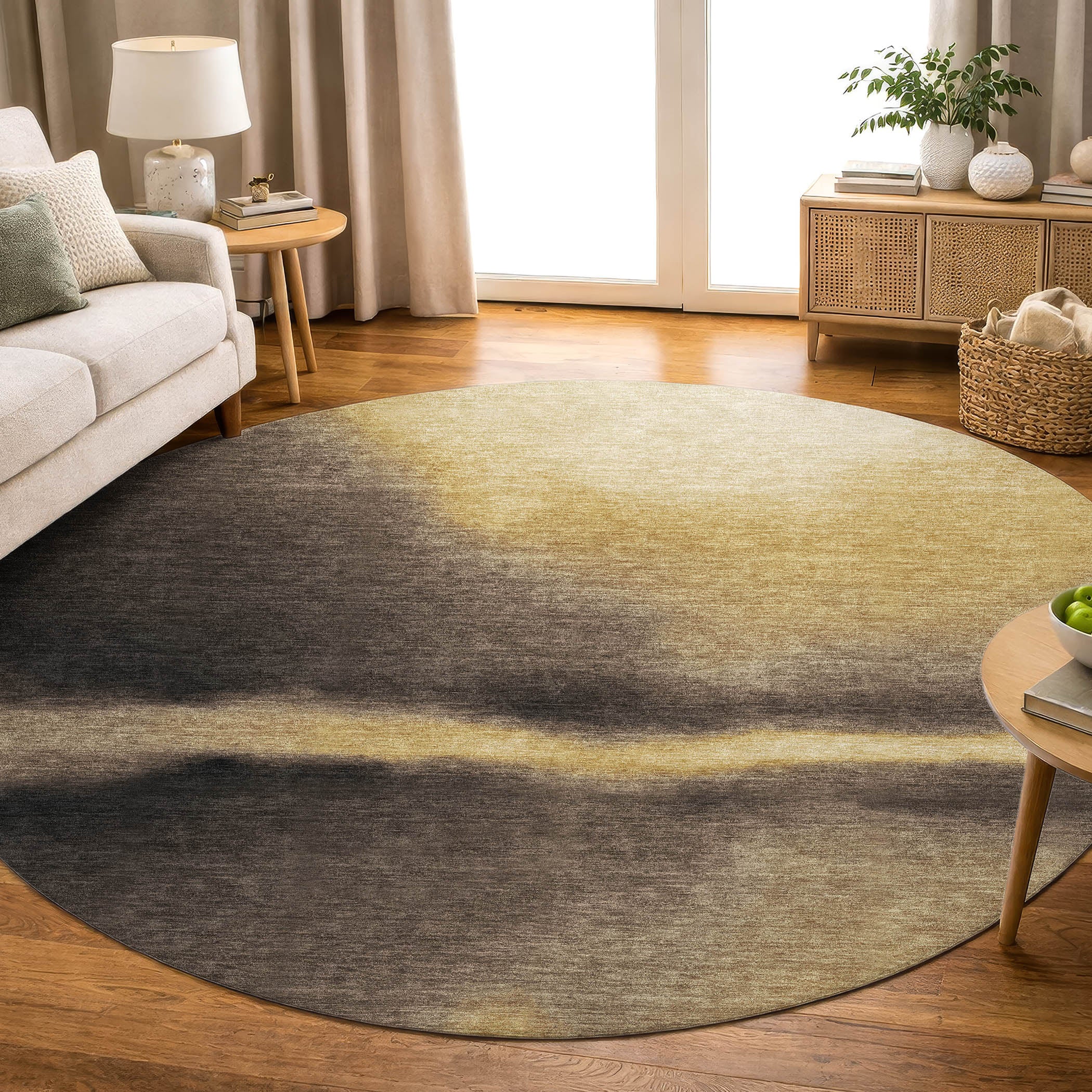 Bangkok Machine Washable Contemporary Honey Gold Rug 8' x 8' #shape_Round