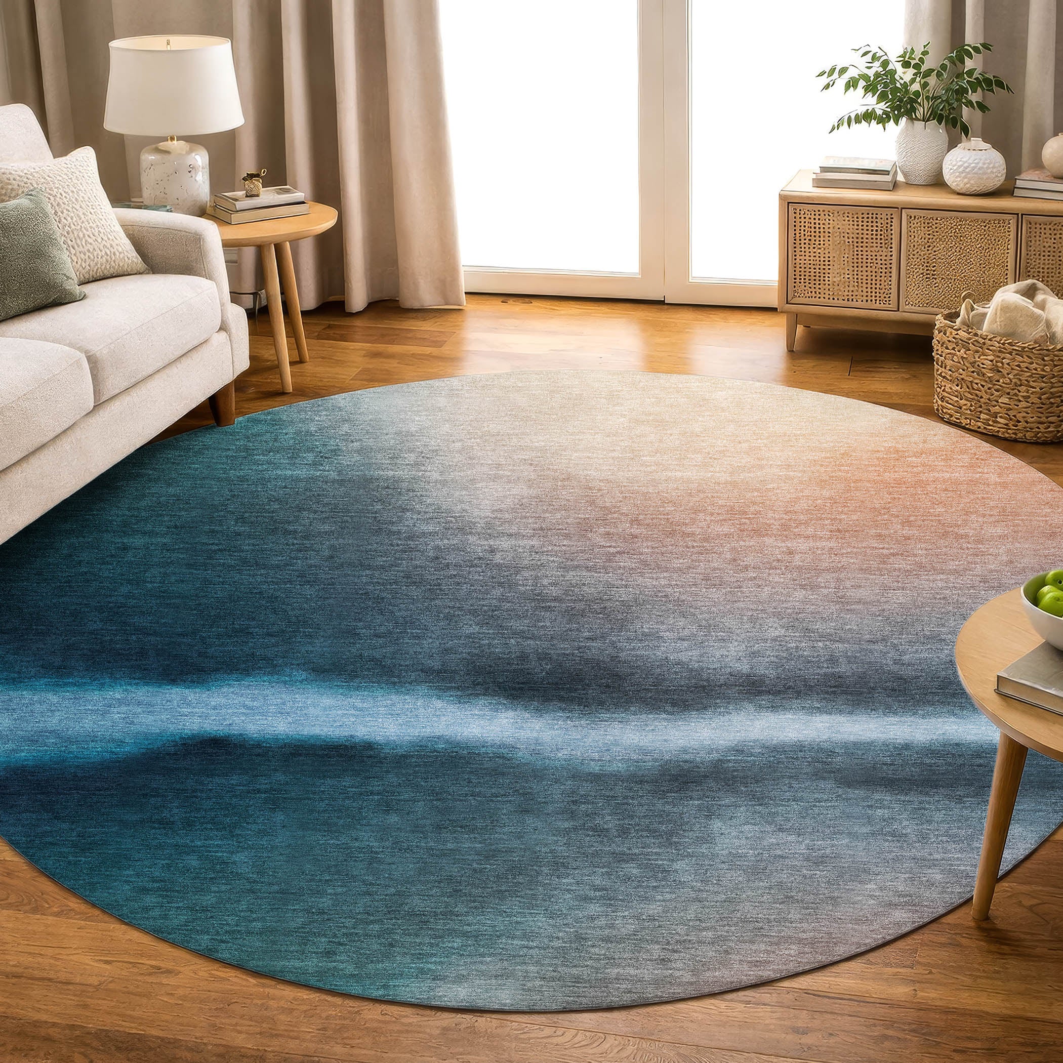 Bangkok Machine Washable Transitional Teal Rug 8' x 8' #shape_Round