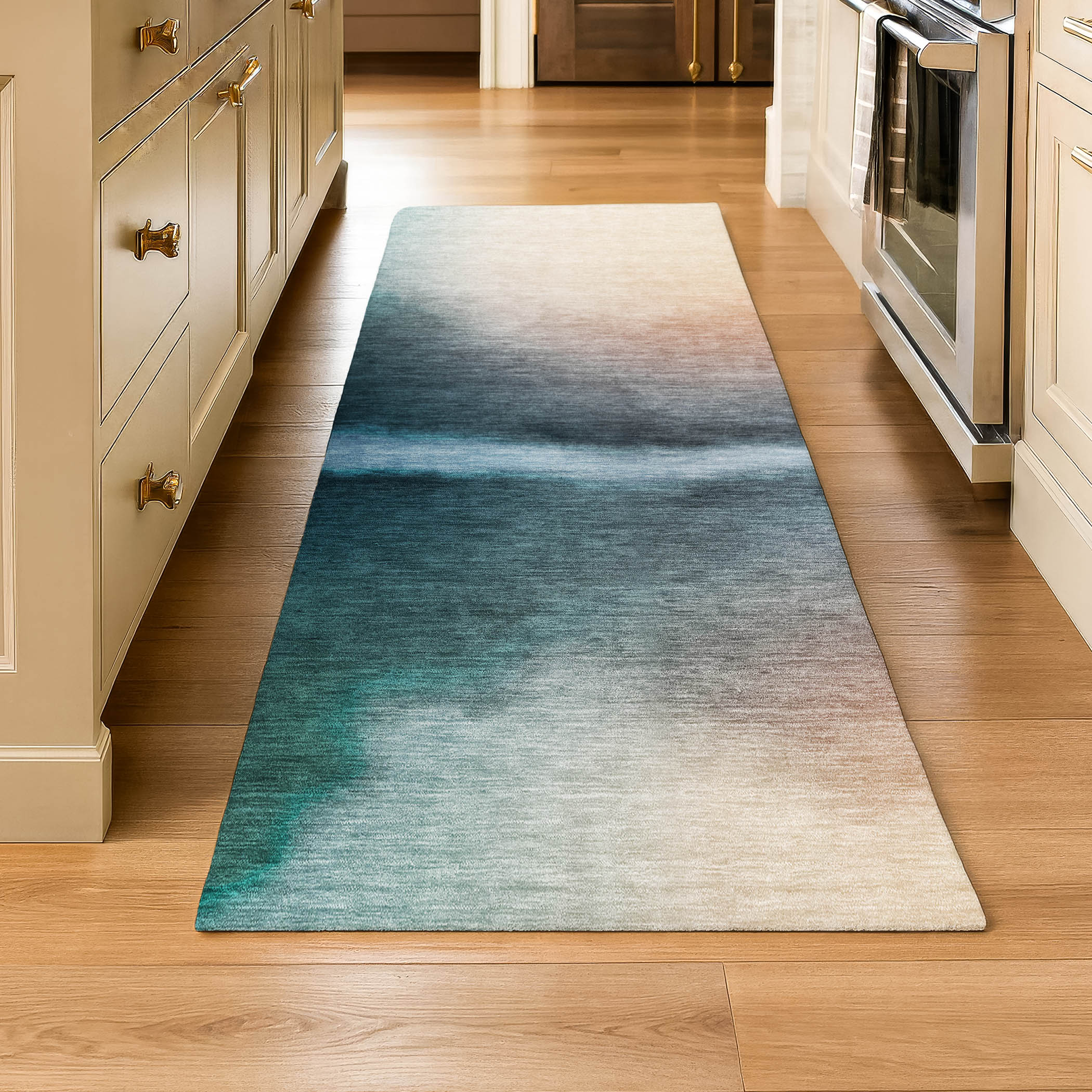 Bangkok Machine Washable Transitional Teal Rug 2'3" x 7'6" #shape_Runner