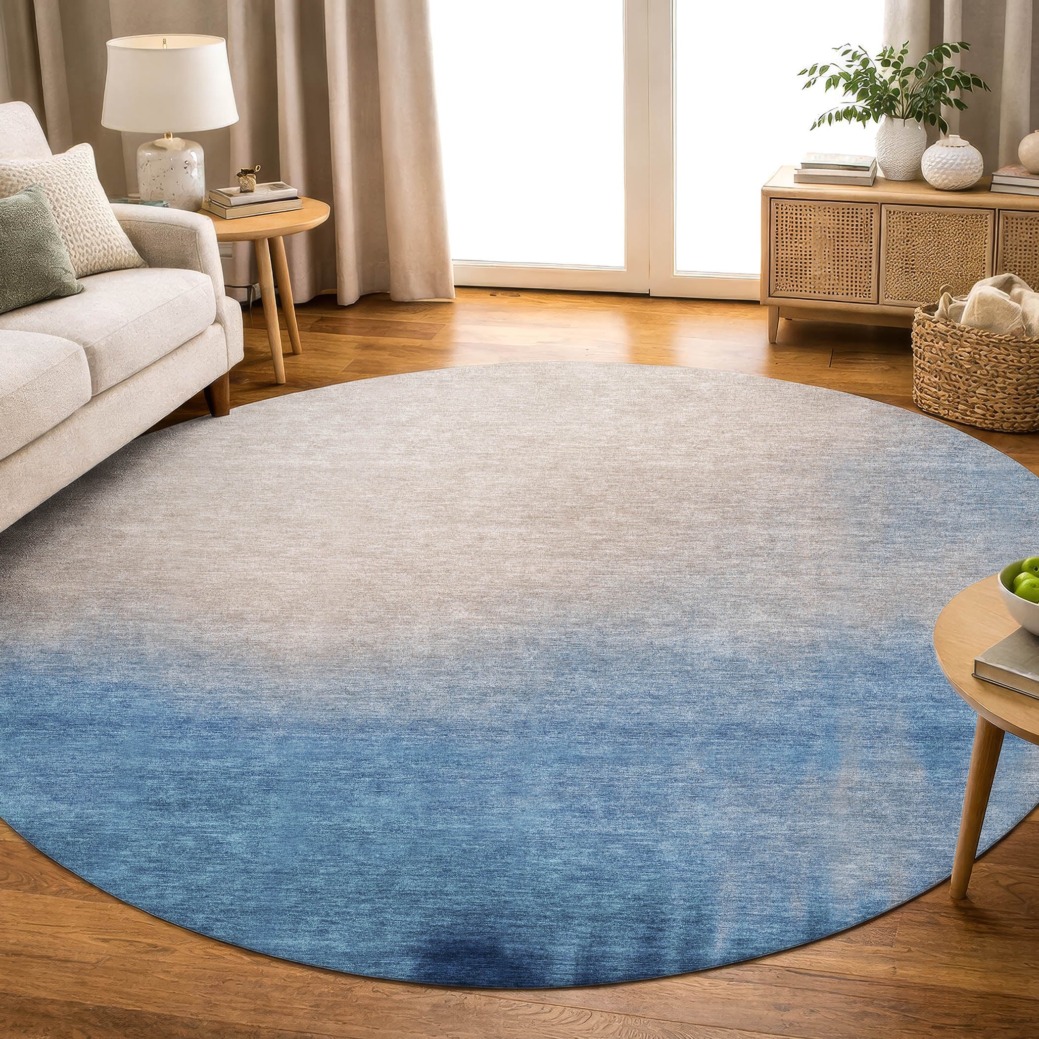 Antigua Machine Washable Transitional Denim Blue Rug 8' x 8' #shape_Round