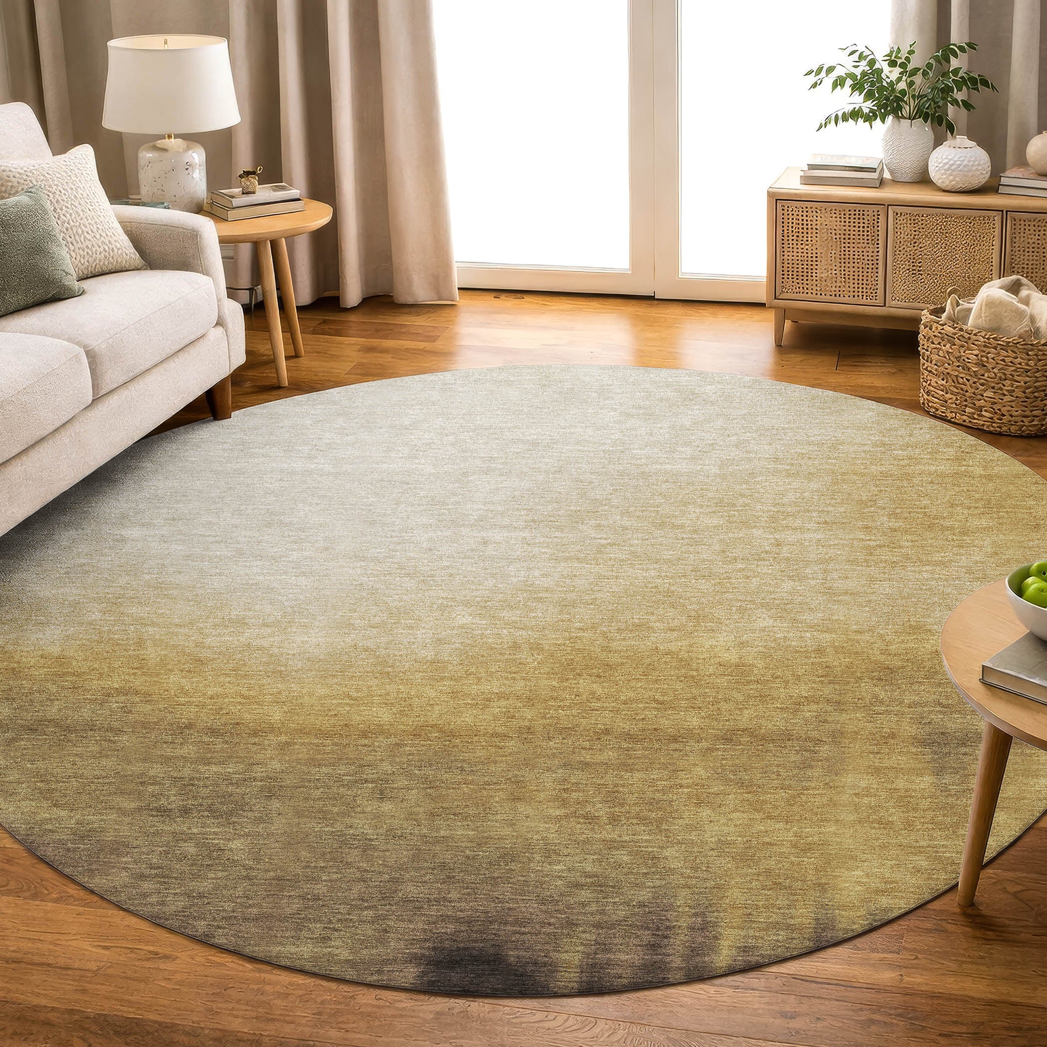 Antigua Machine Washable Transitional Honey Gold Rug 8' x 8' #shape_Round